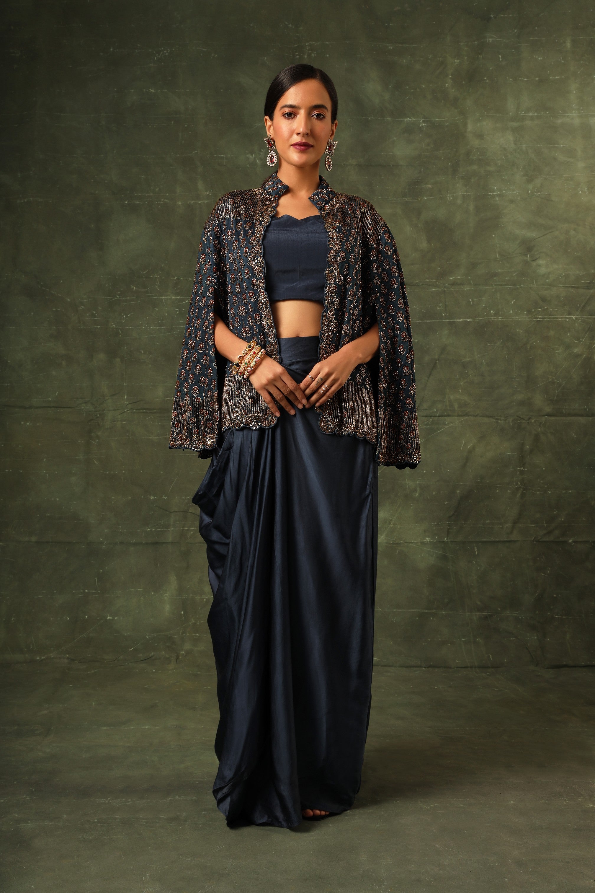 Blue ajrakh cape jacket with blouse and drape dhoti