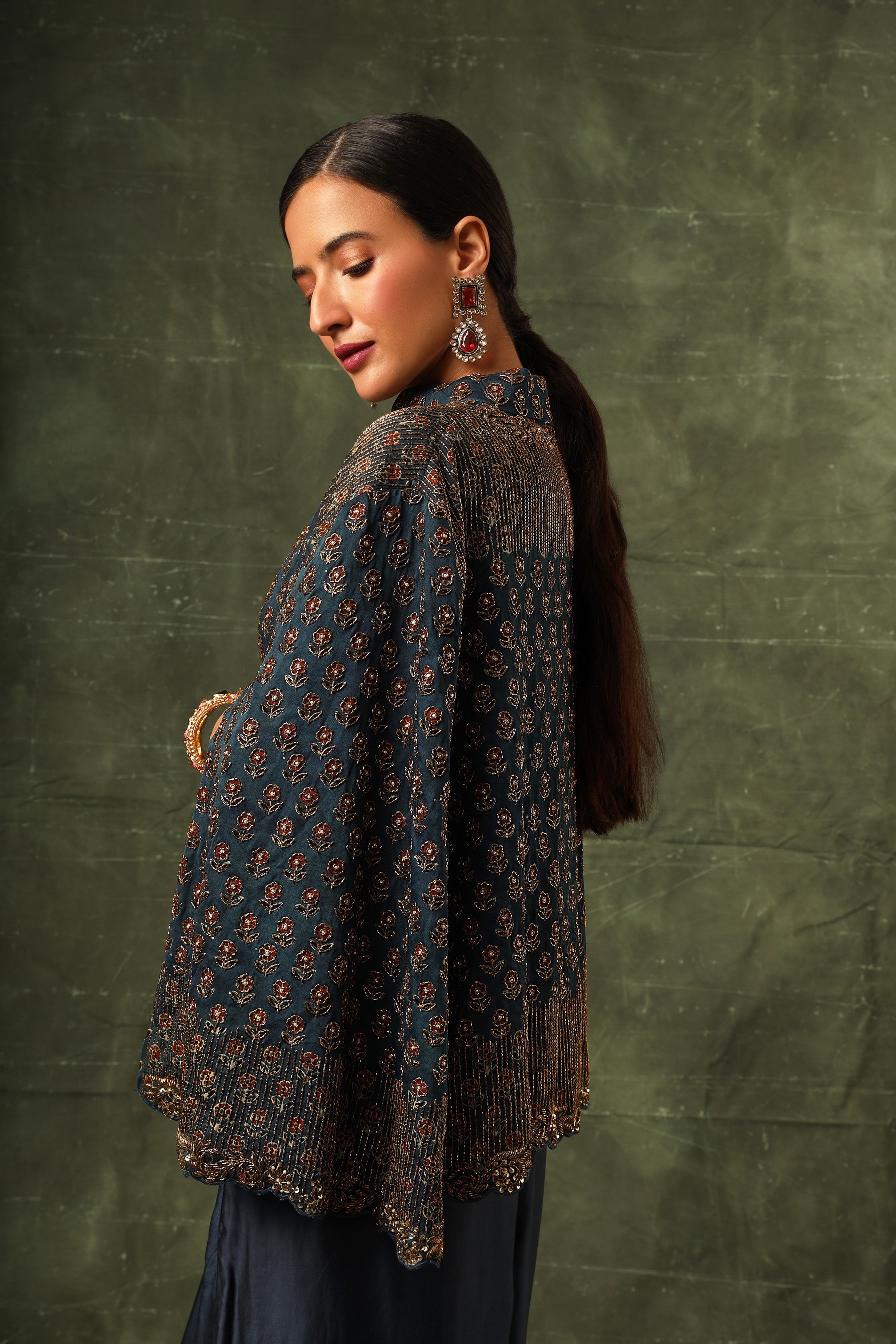 Blue ajrakh cape jacket with blouse and drape dhoti