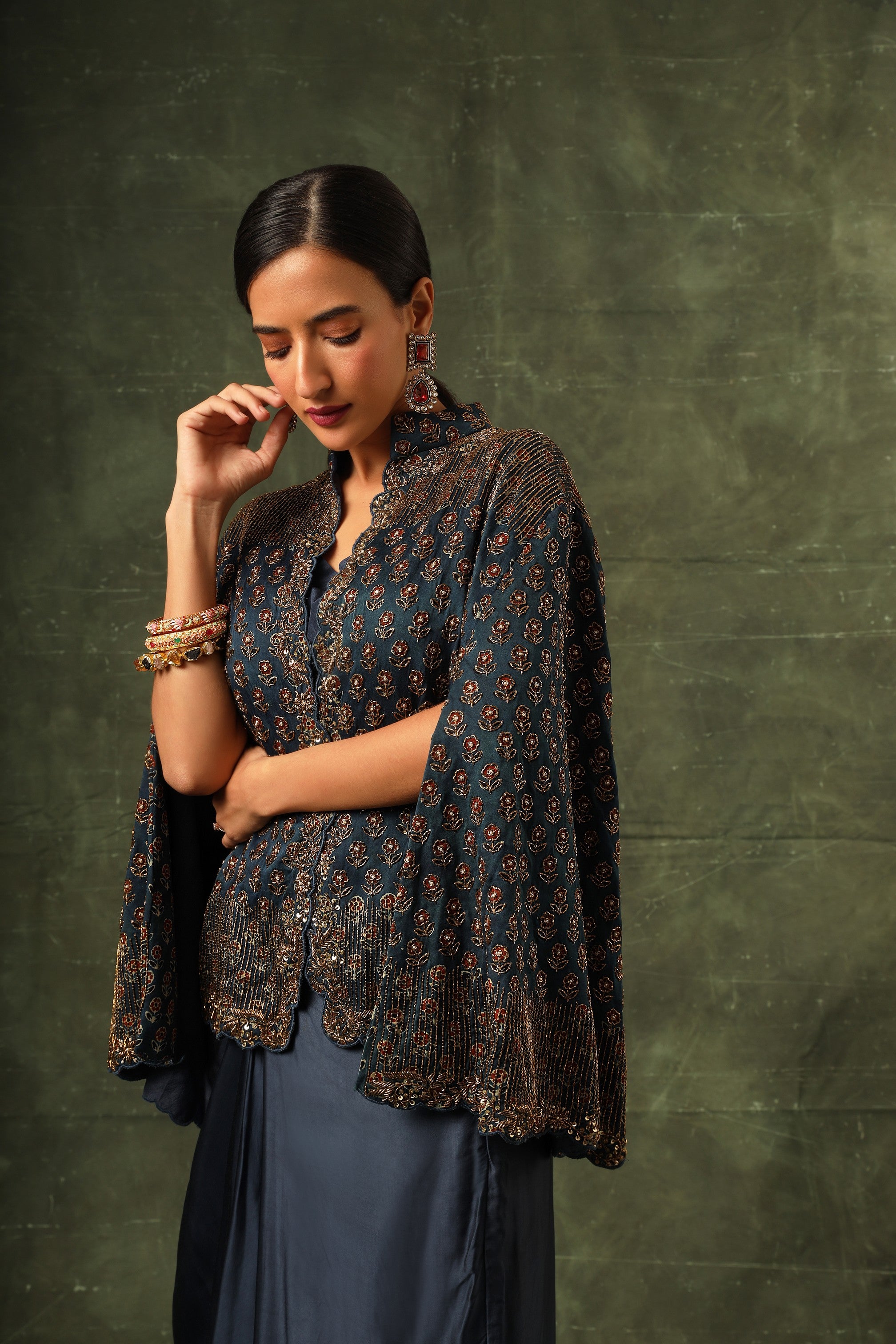 Blue ajrakh cape jacket with blouse and drape dhoti