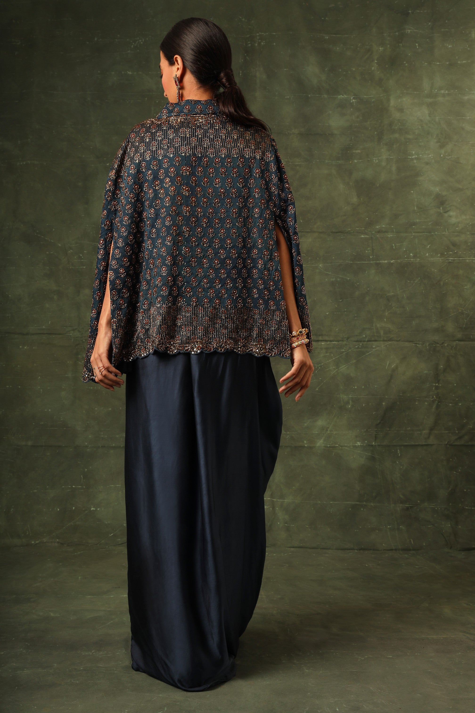 Blue ajrakh cape jacket with blouse and drape dhoti