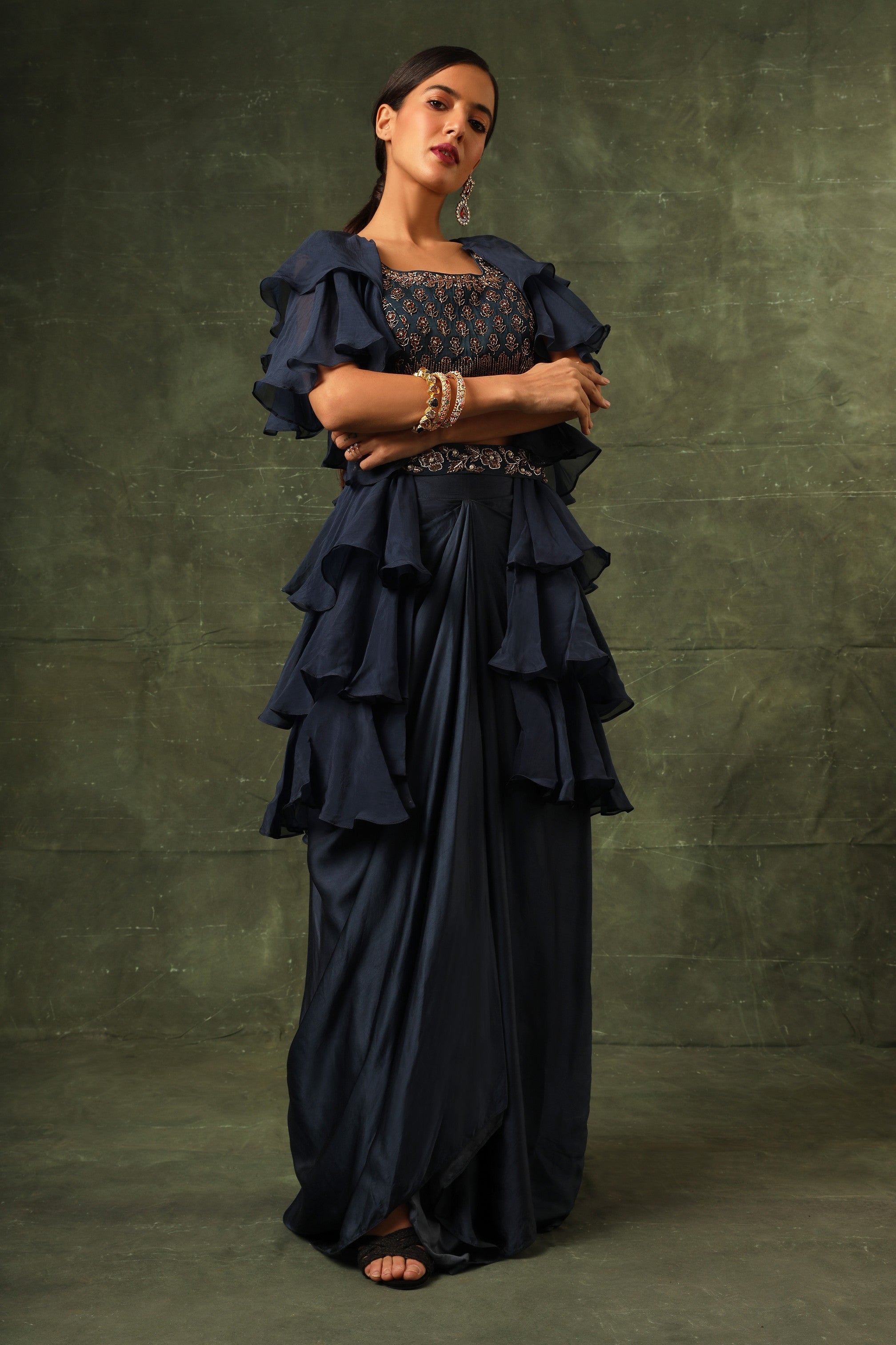Blue Ajrakh blouse and layered jacket with embroiderd waisrband and drape dhoti