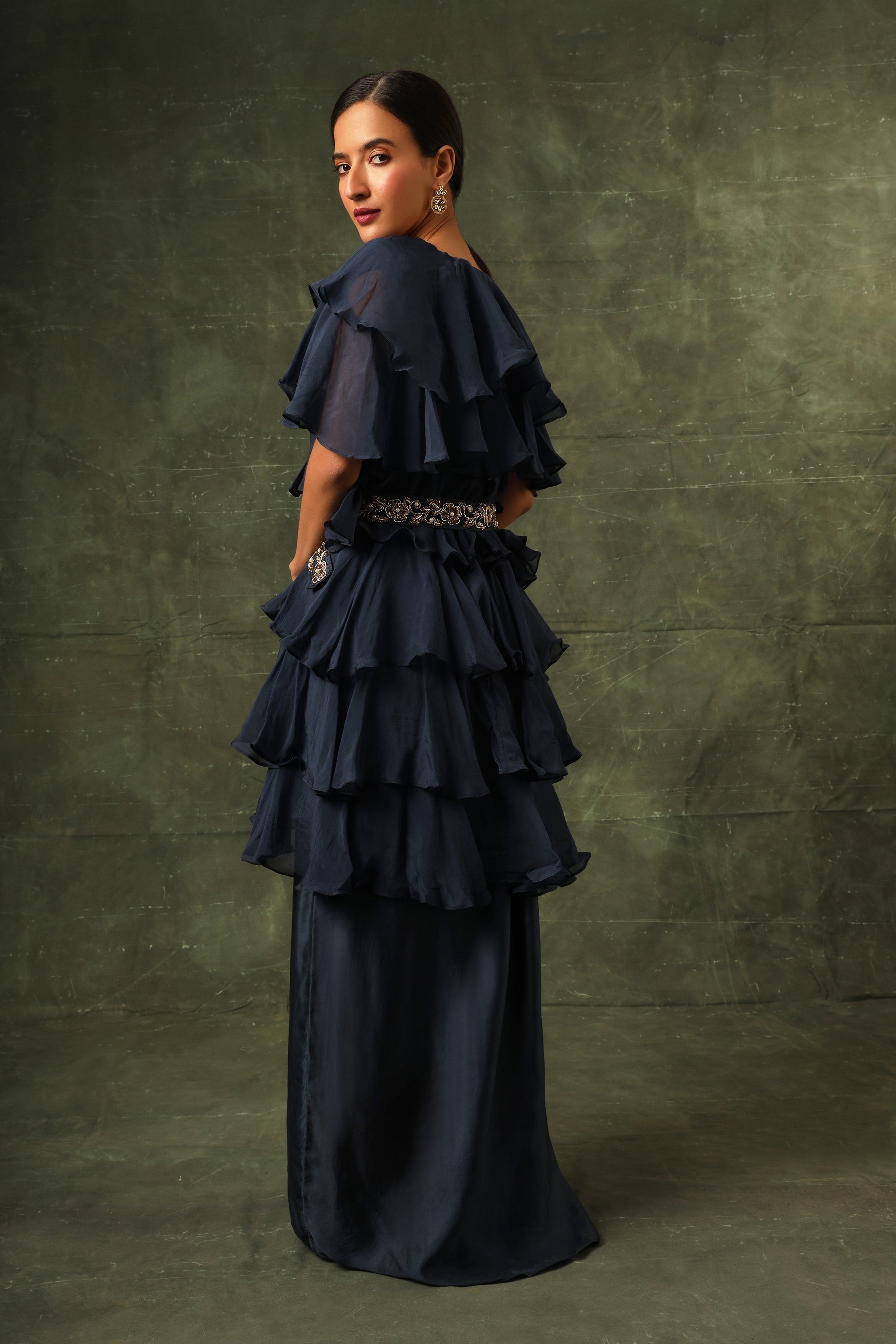 Blue Ajrakh blouse and layered jacket with embroiderd waisrband and drape dhoti