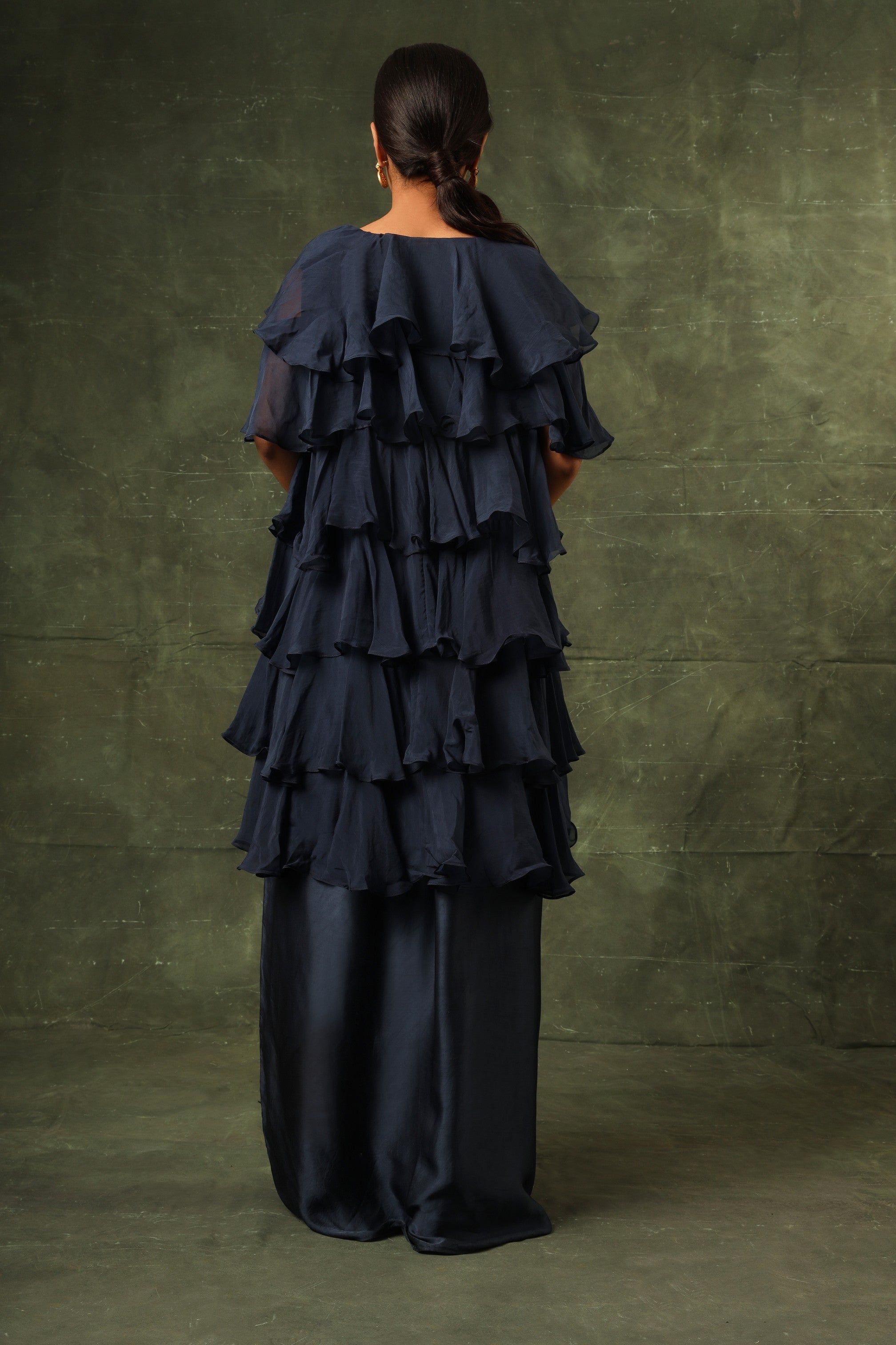 Blue Ajrakh blouse and layered jacket with embroiderd waisrband and drape dhoti