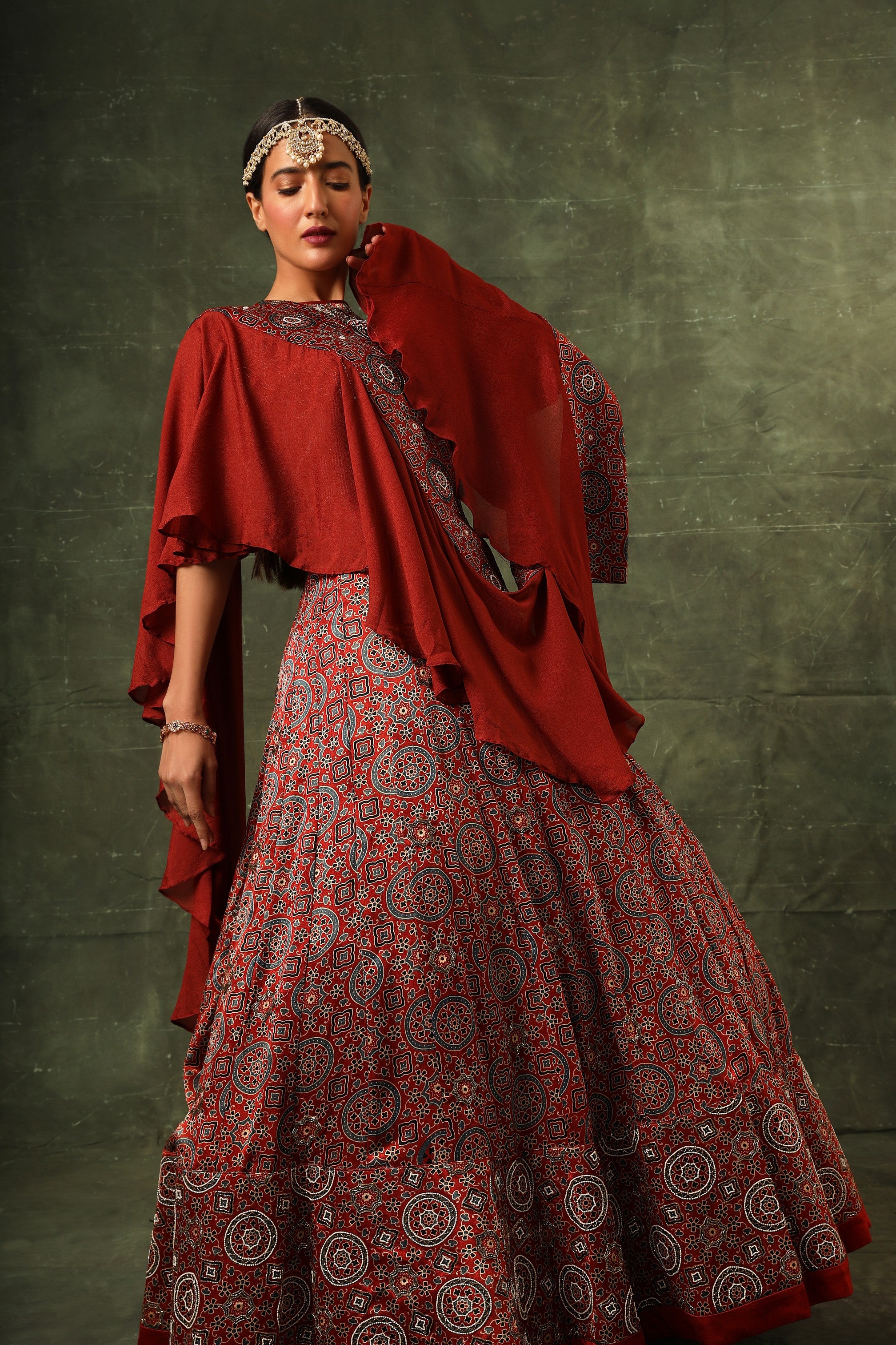 Red ajrakh blouse and lehenga with ruffled dupatta