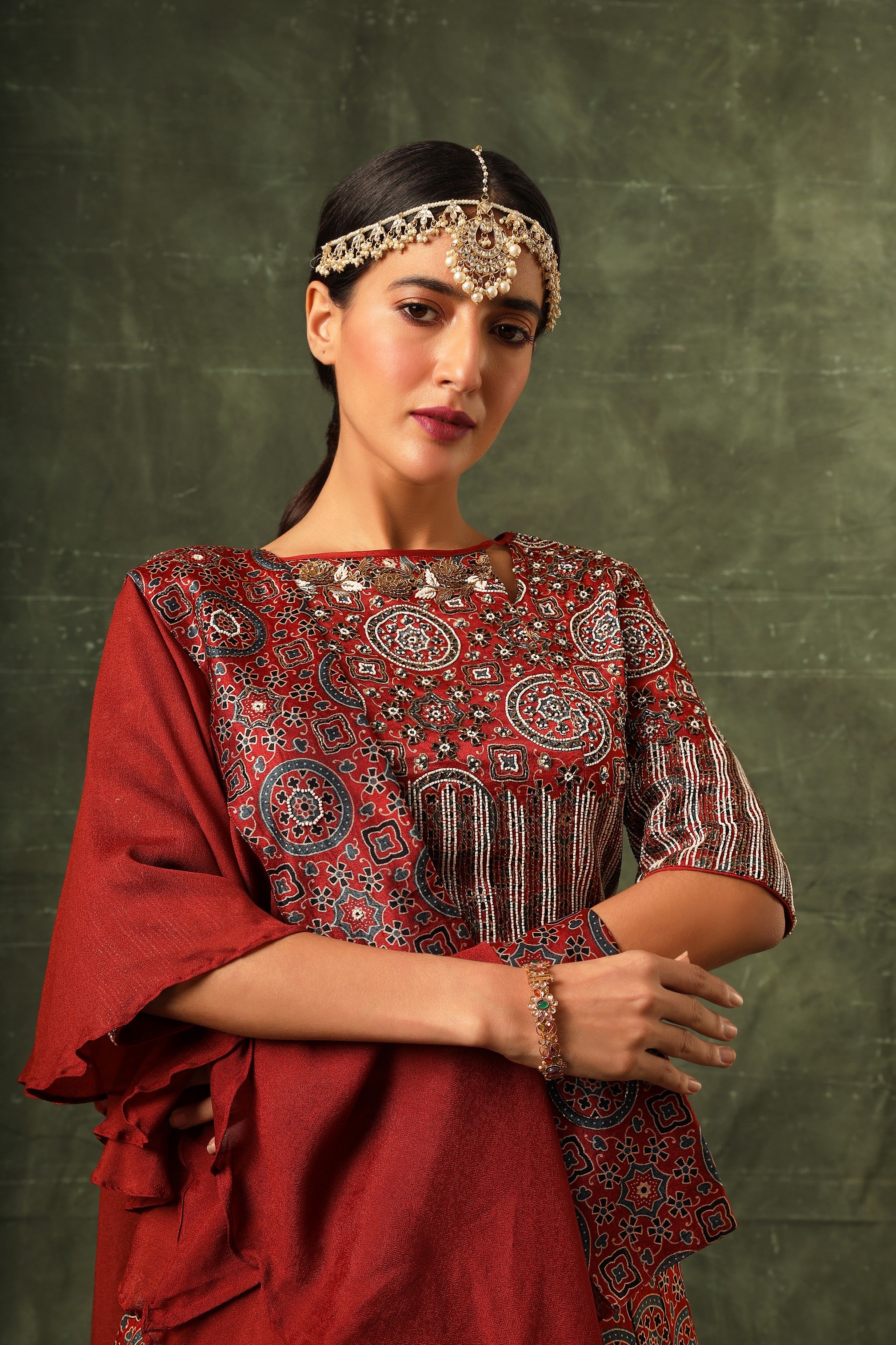 Red ajrakh blouse and lehenga with ruffled dupatta