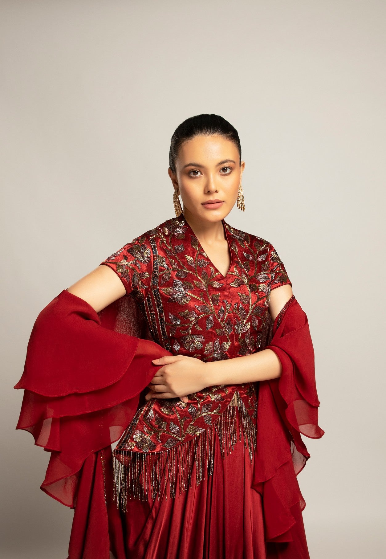 Luscious Maroon jacket with drape skirt Styled up with the ruffled dupatta