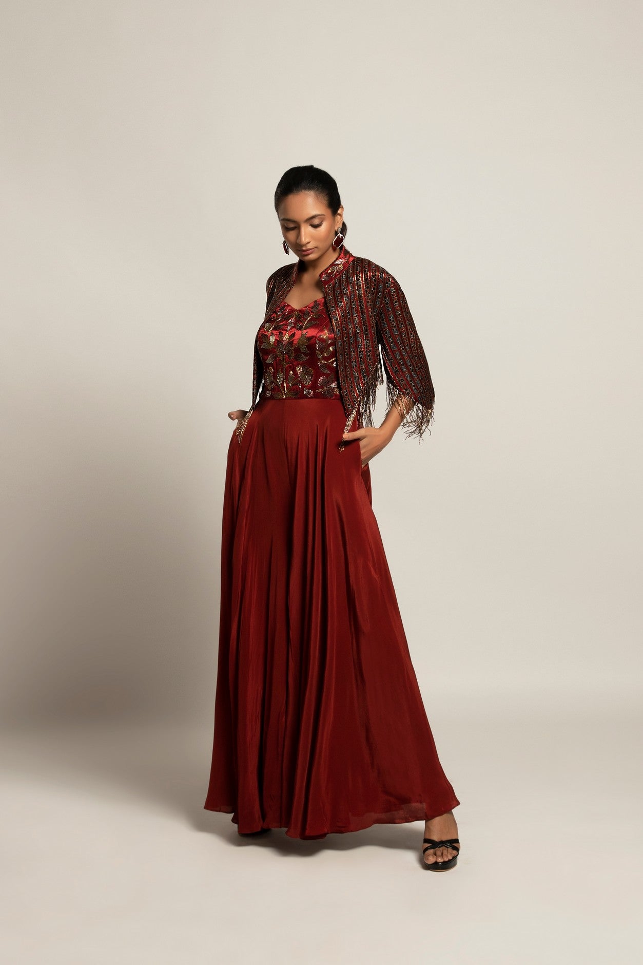 Agatha  Maroon Embroidered  jumpsuit with jacket