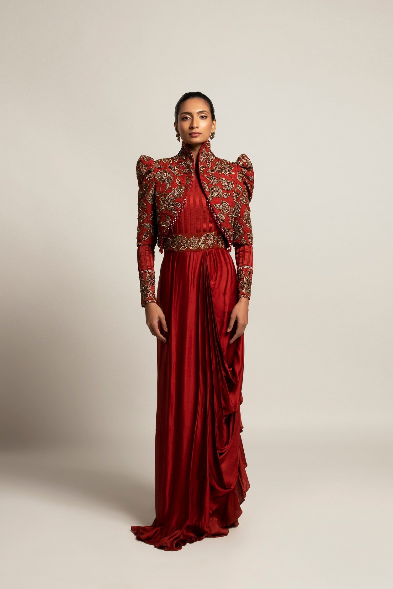 Elysian Maroon Draped gown saree With Short jacket