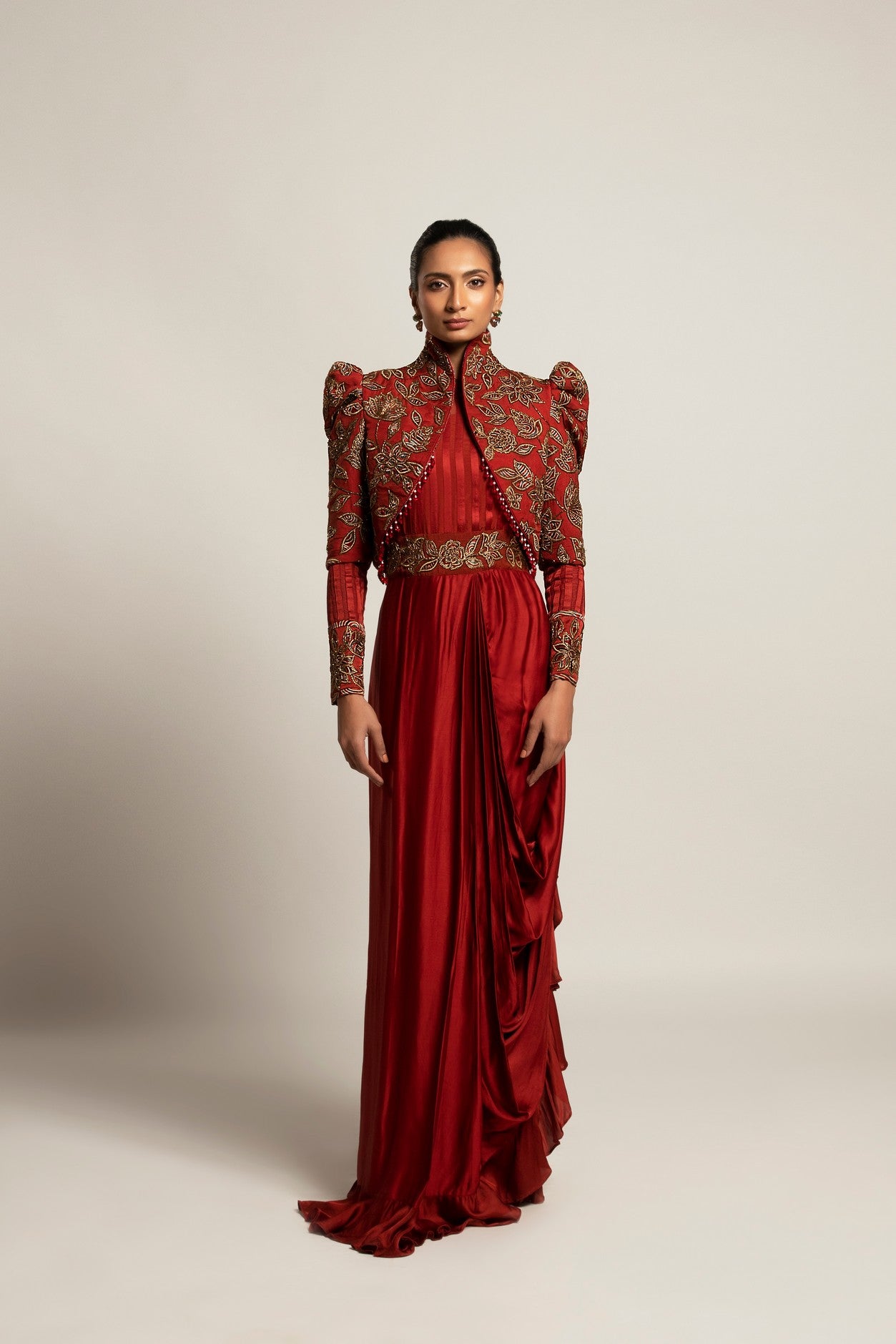 Elysian Maroon Draped gown saree With Short jacket