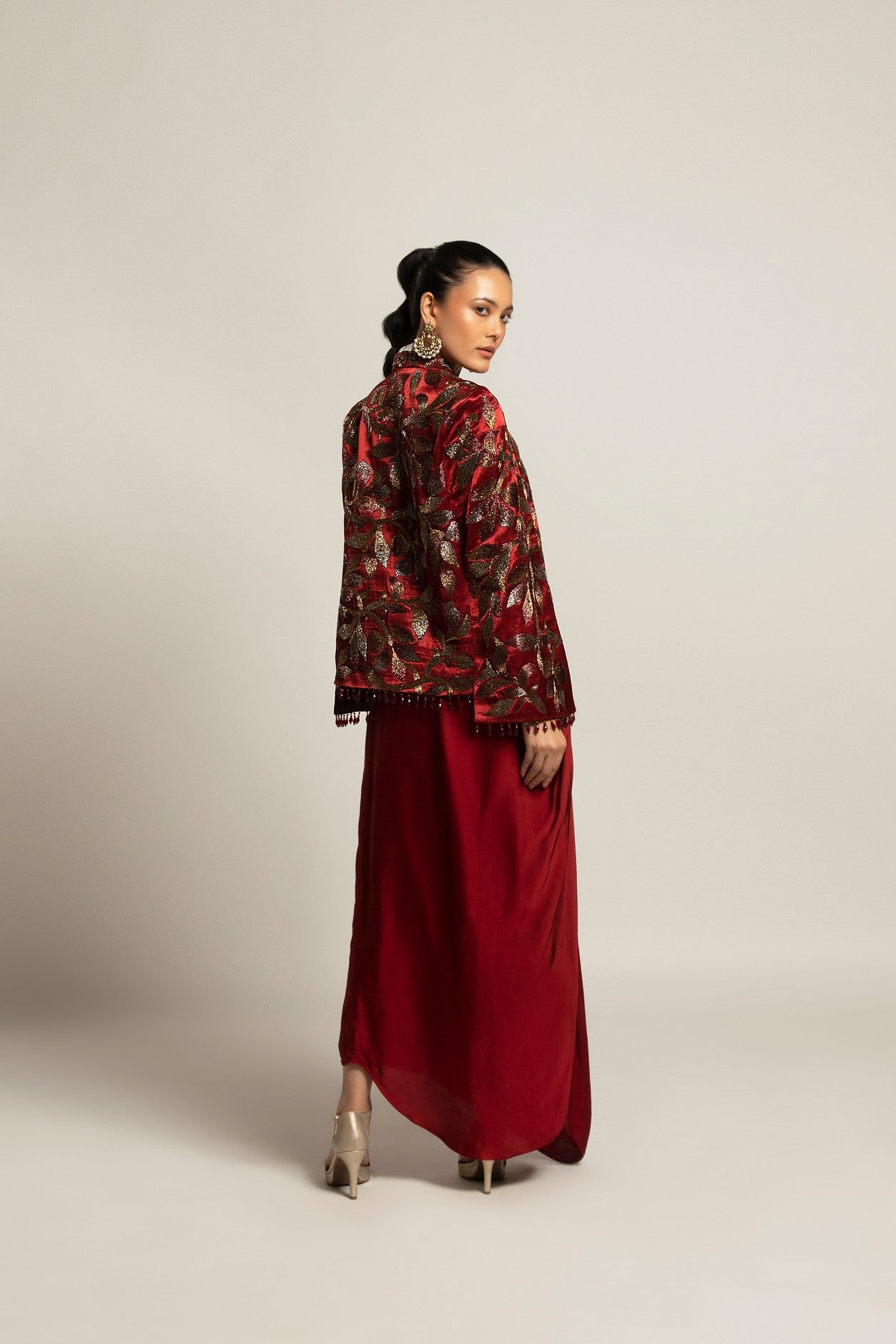 Rheia Maroon co-ord set with Cape jacket