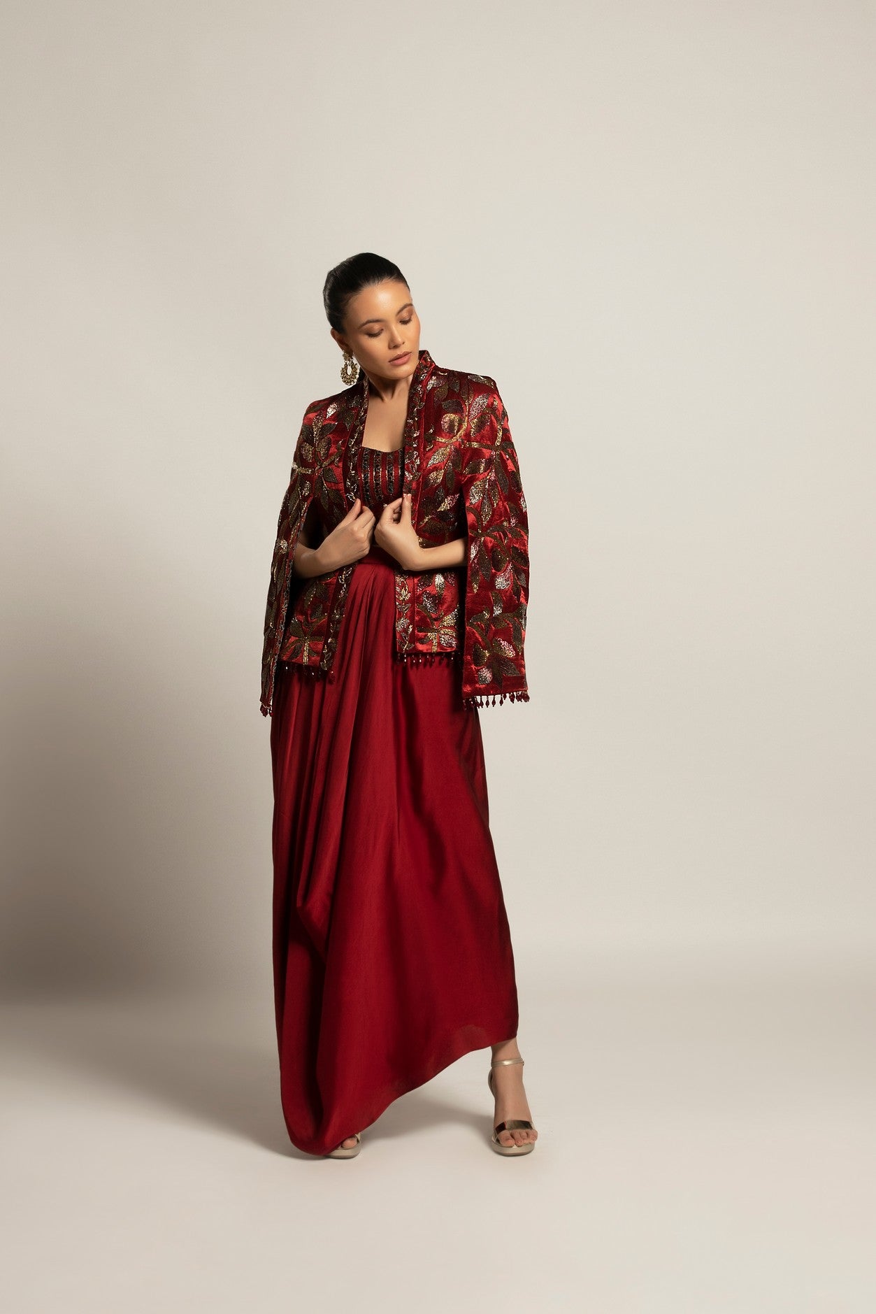Rheia Maroon co-ord set with Cape jacket