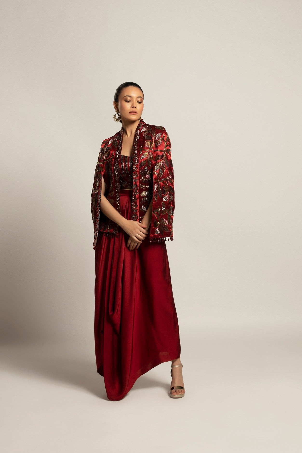 Rheia Maroon co-ord set with Cape jacket