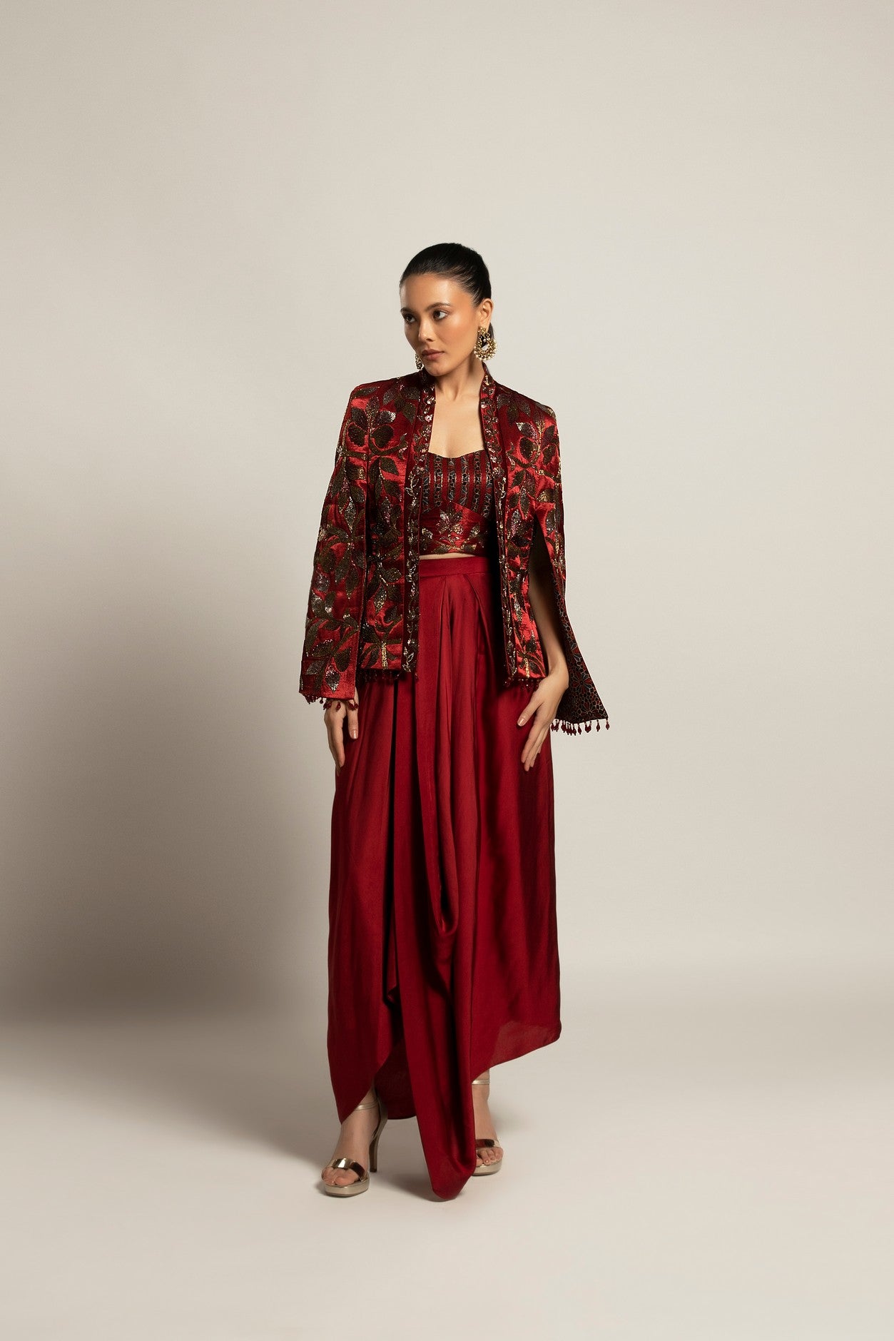 Rheia Maroon co-ord set with Cape jacket