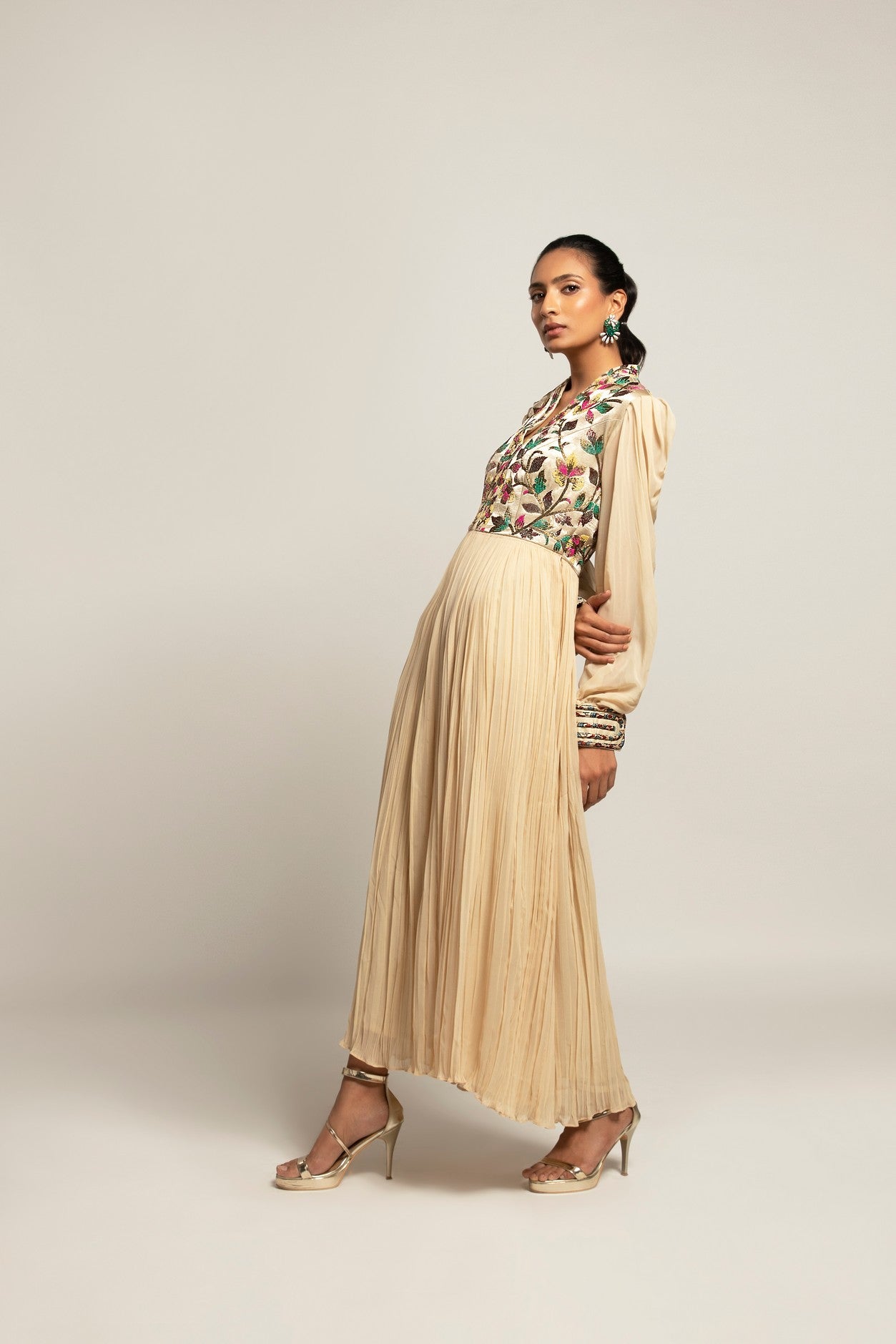 Debonair Hex beige gathered dress