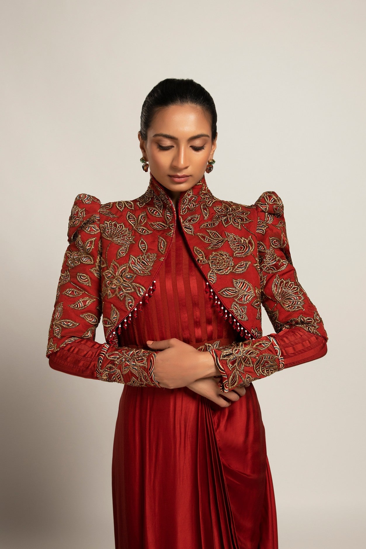 Elysian Maroon Draped gown saree With Short jacket