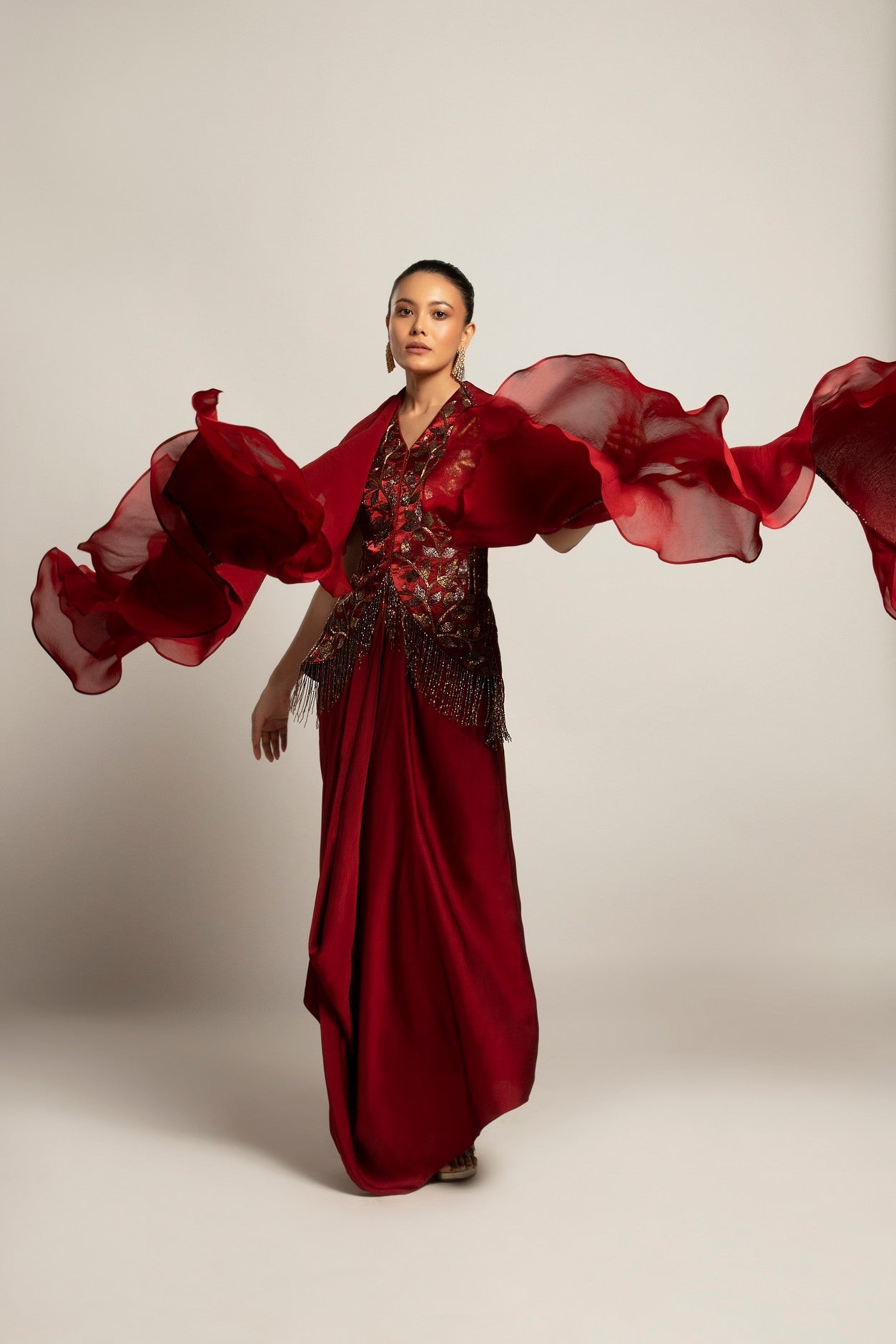 Luscious Maroon jacket with drape skirt Styled up with the ruffled dupatta
