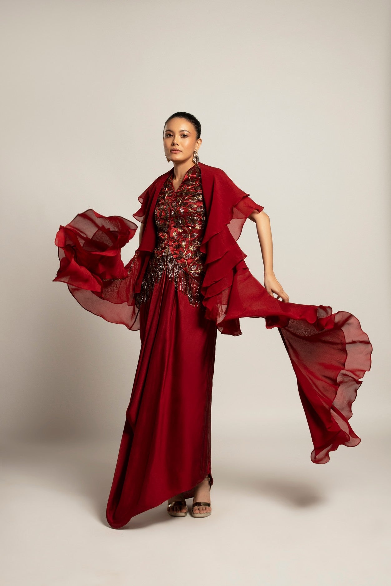 Luscious Maroon jacket with drape skirt Styled up with the ruffled dupatta