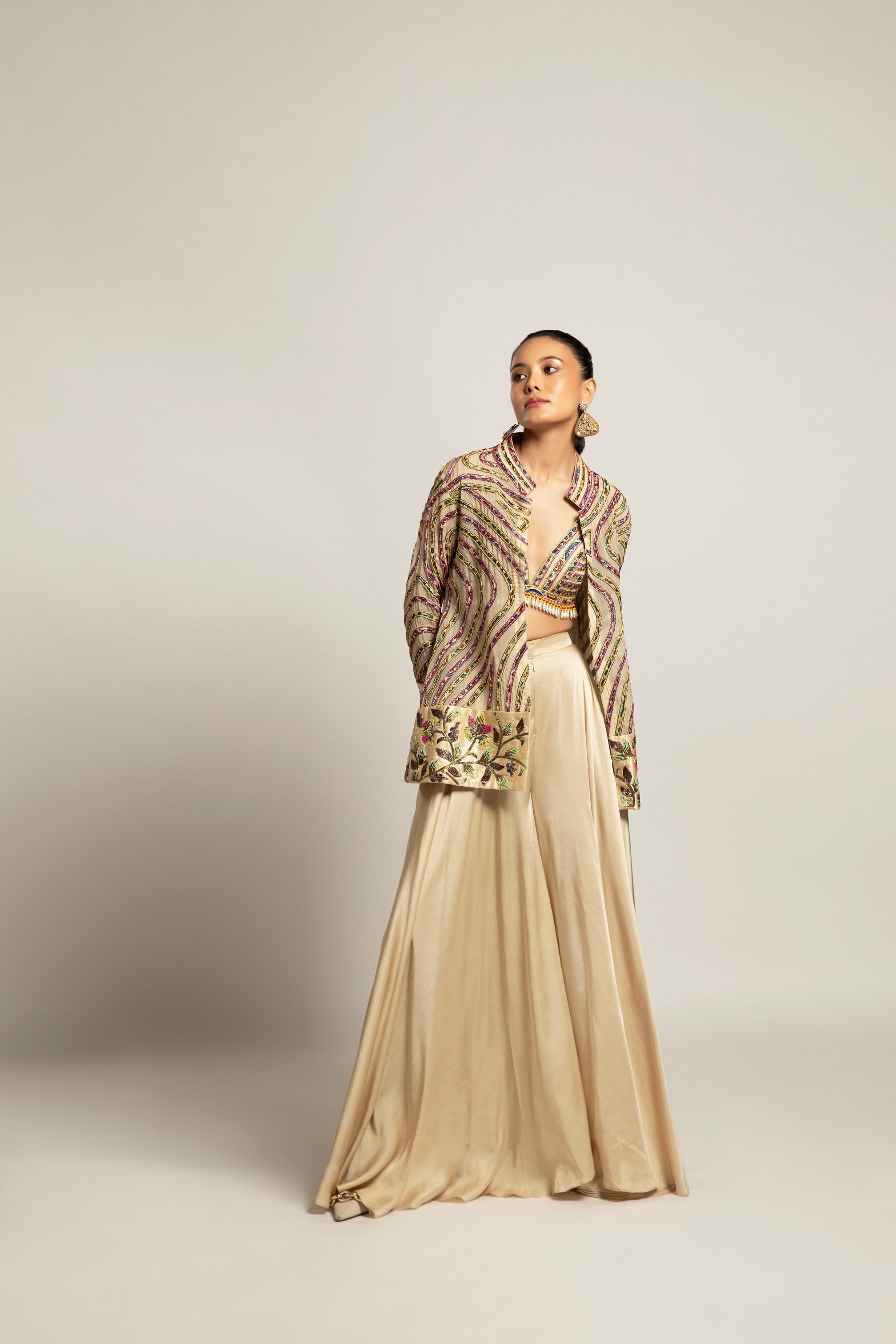 Lustrous ivory bralette & flare pants with ivory organza jacket