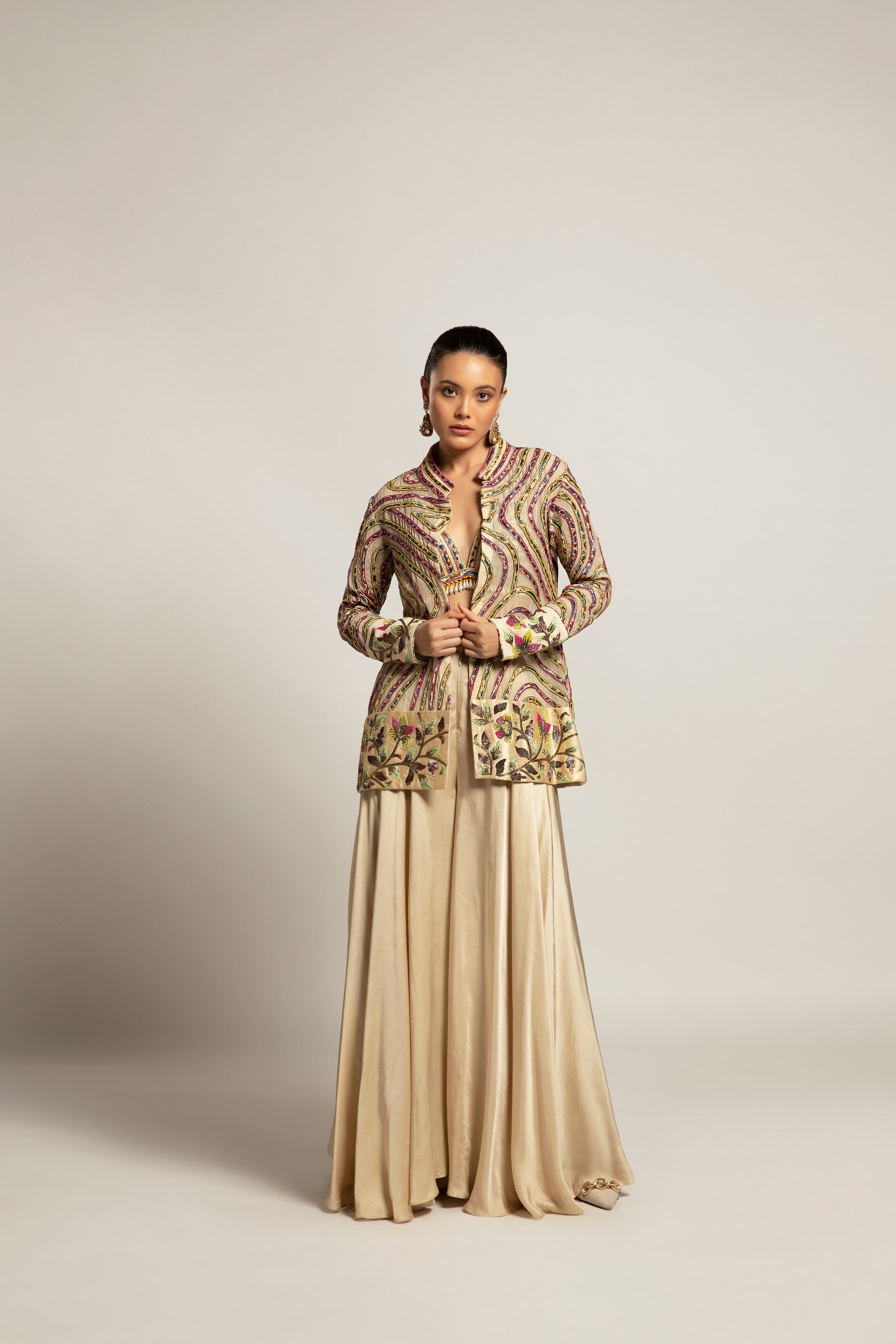 Lustrous ivory bralette & flare pants with ivory organza jacket