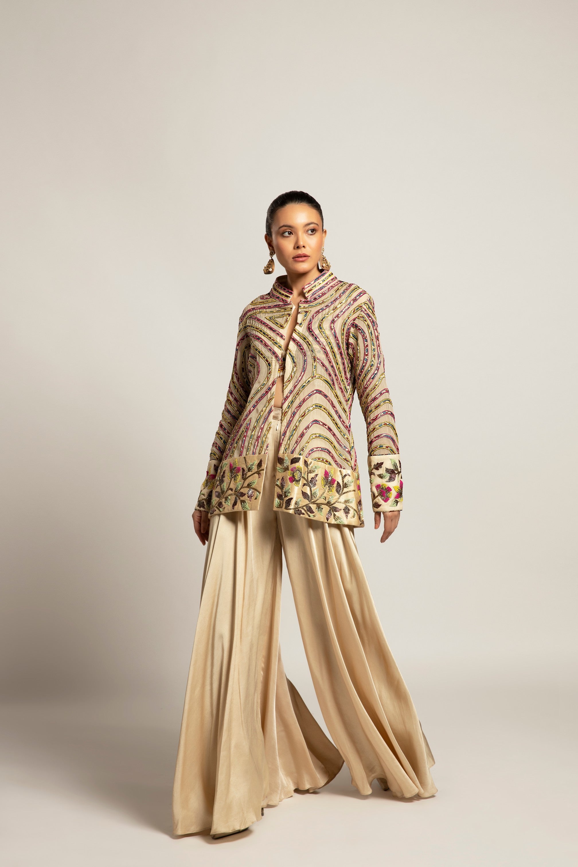 Lustrous ivory bralette & flare pants with ivory organza jacket
