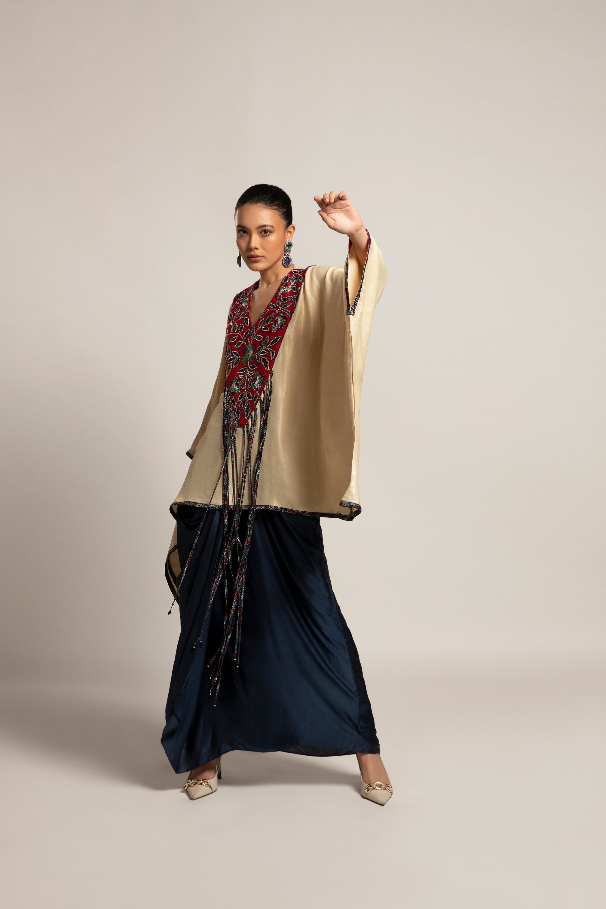 Ahami Beige Kaaftan with Navy blue drape skirt