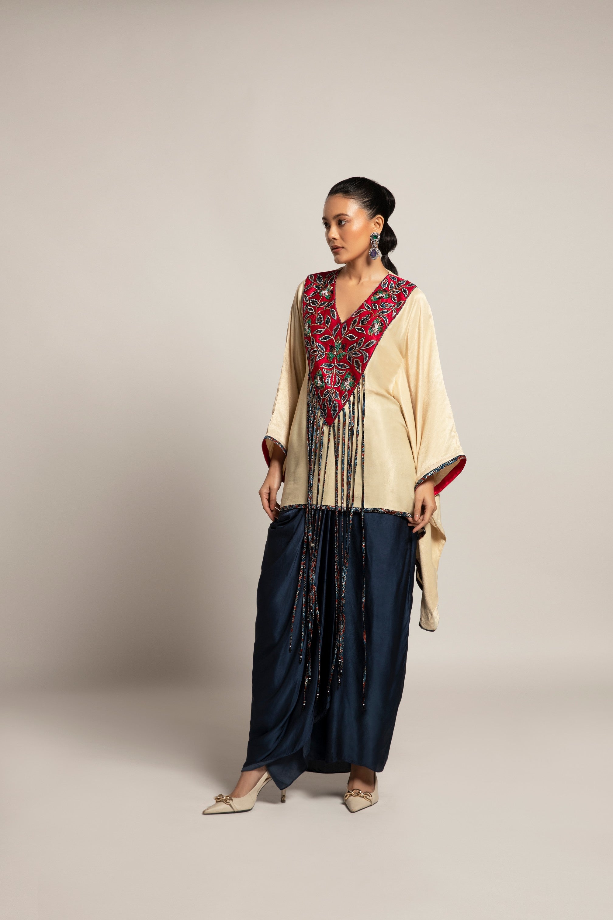 Ahami Beige Kaaftan with Navy blue drape skirt