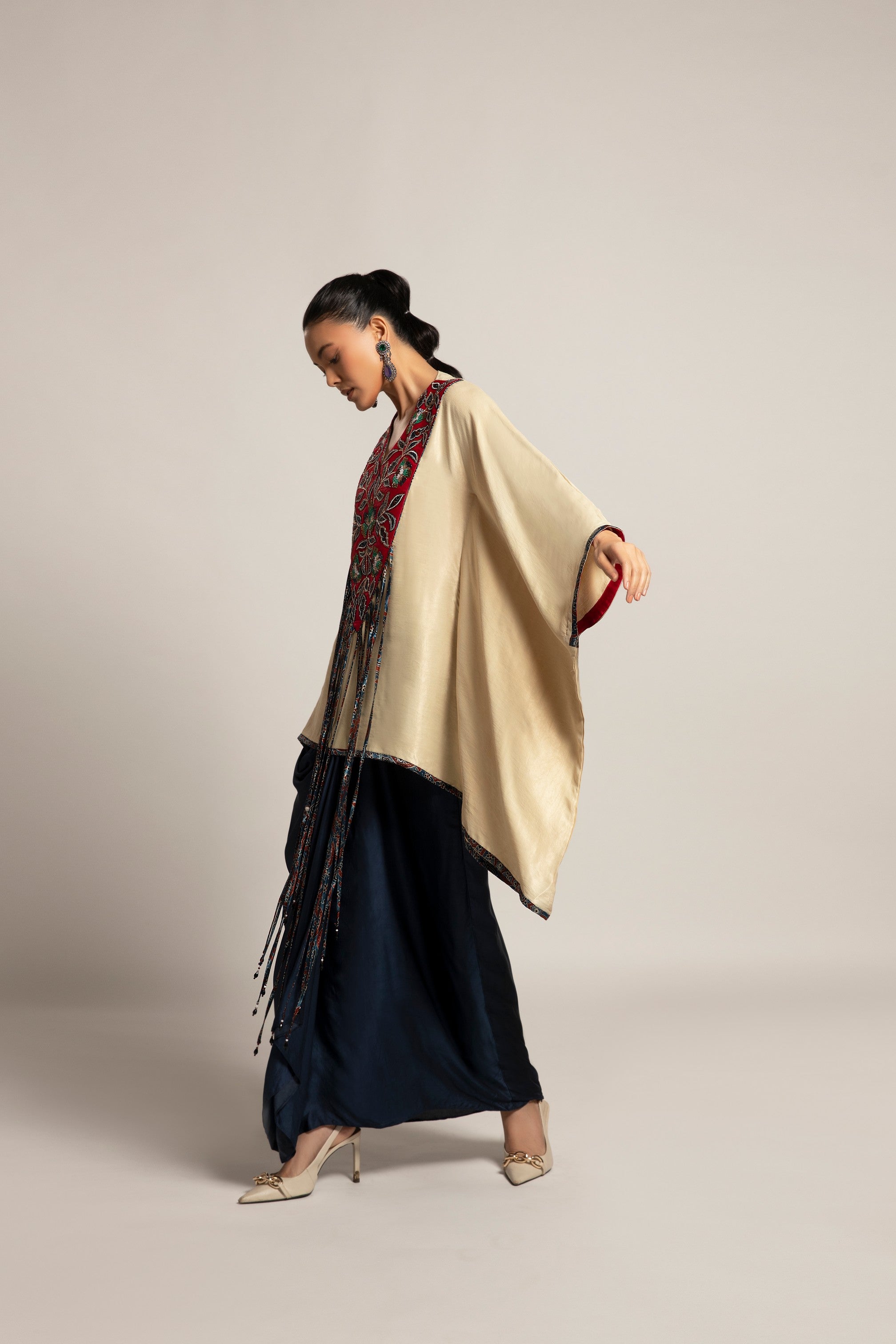Ahami Beige Kaaftan with Navy blue drape skirt