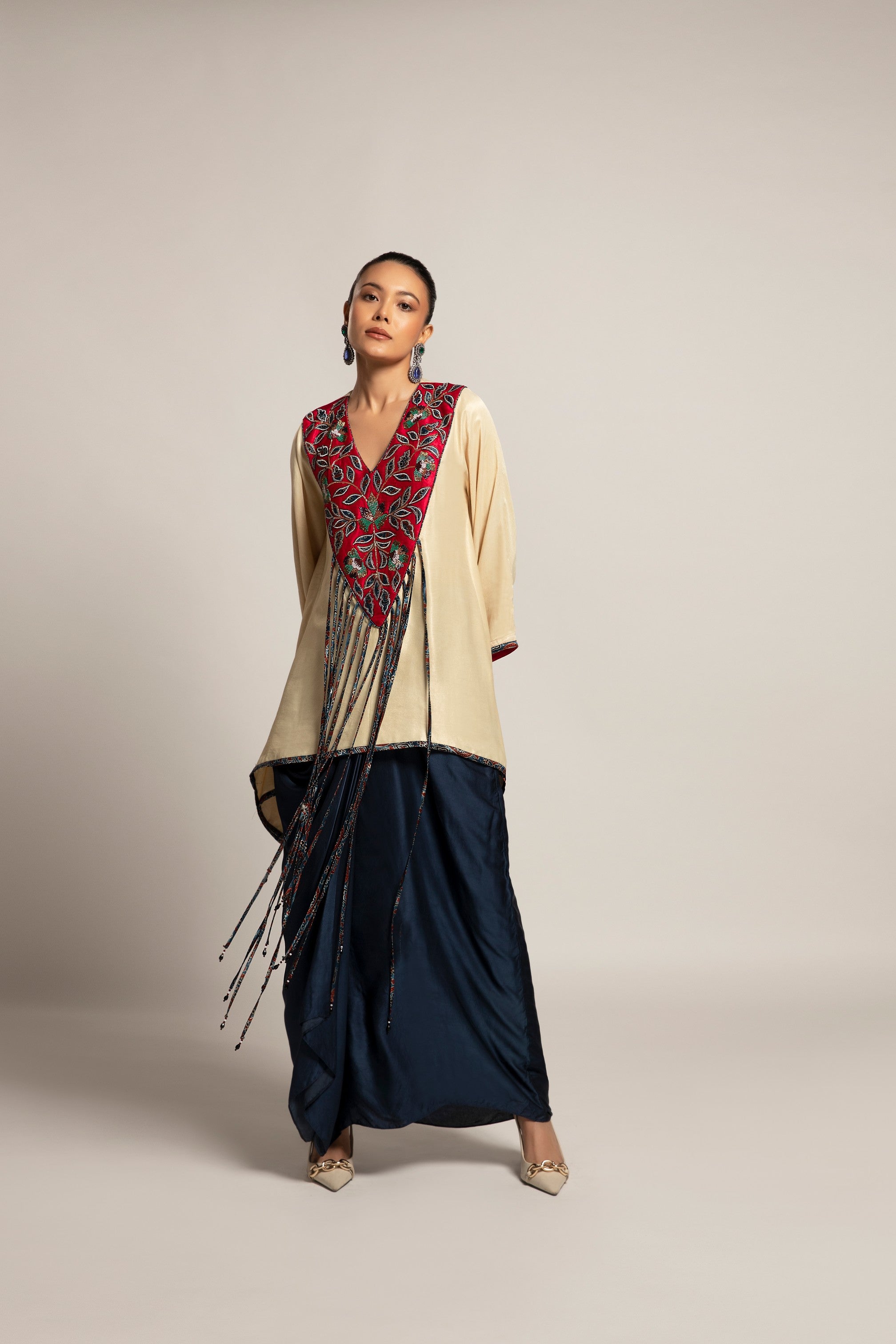 Ahami Beige Kaaftan with Navy blue drape skirt