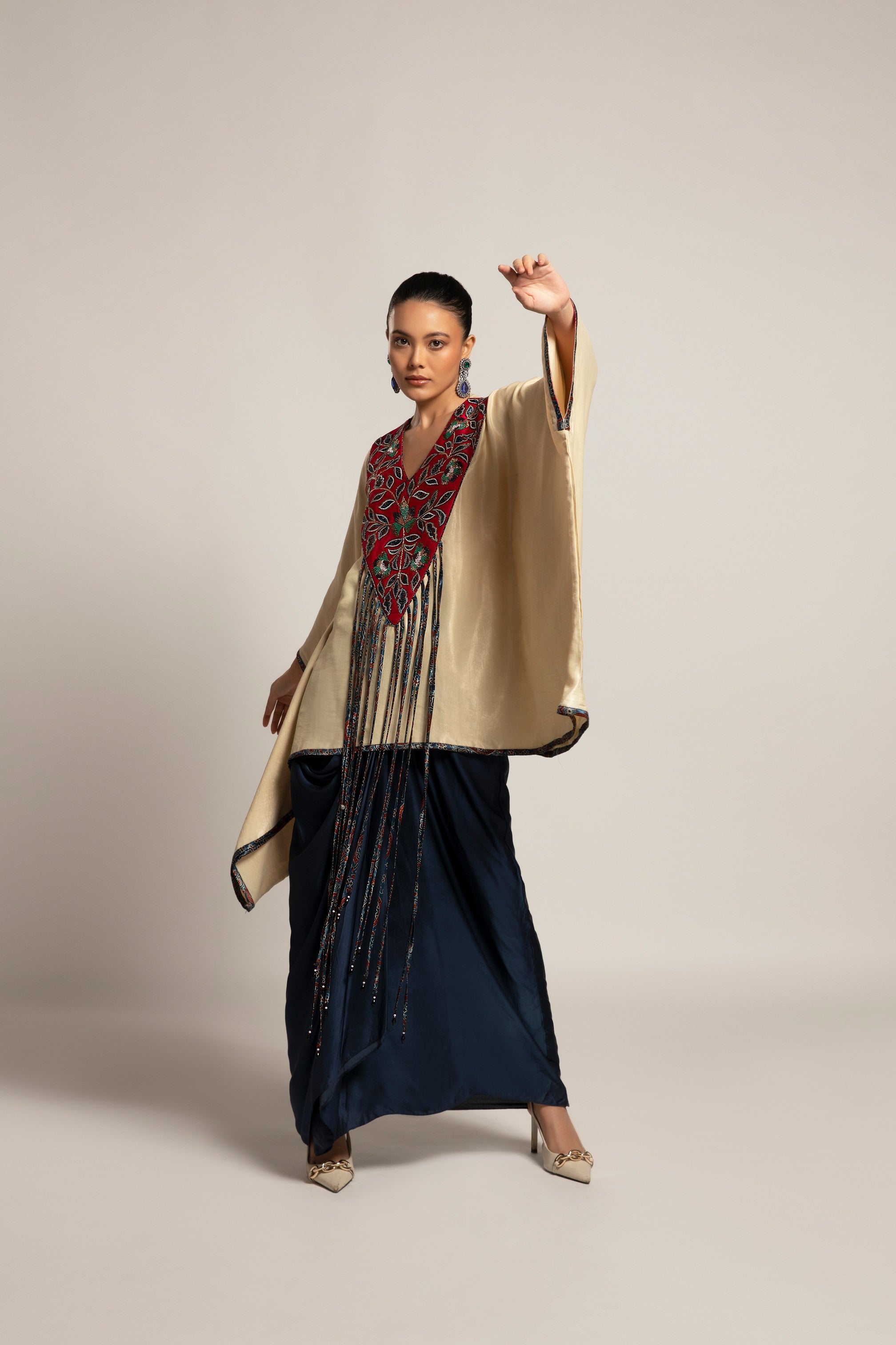 Ahami Beige Kaaftan with Navy blue drape skirt