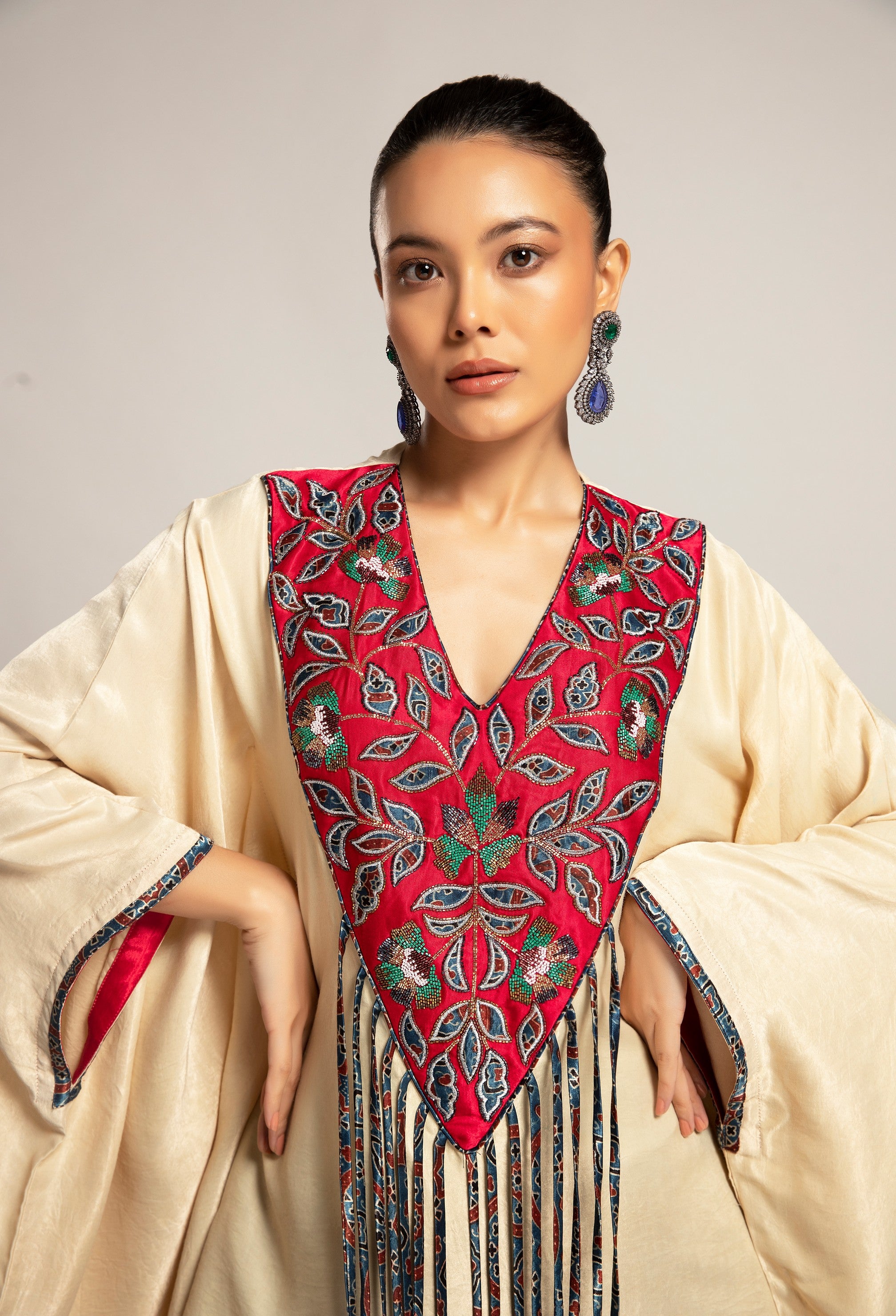 Ahami Beige Kaaftan with Navy blue drape skirt