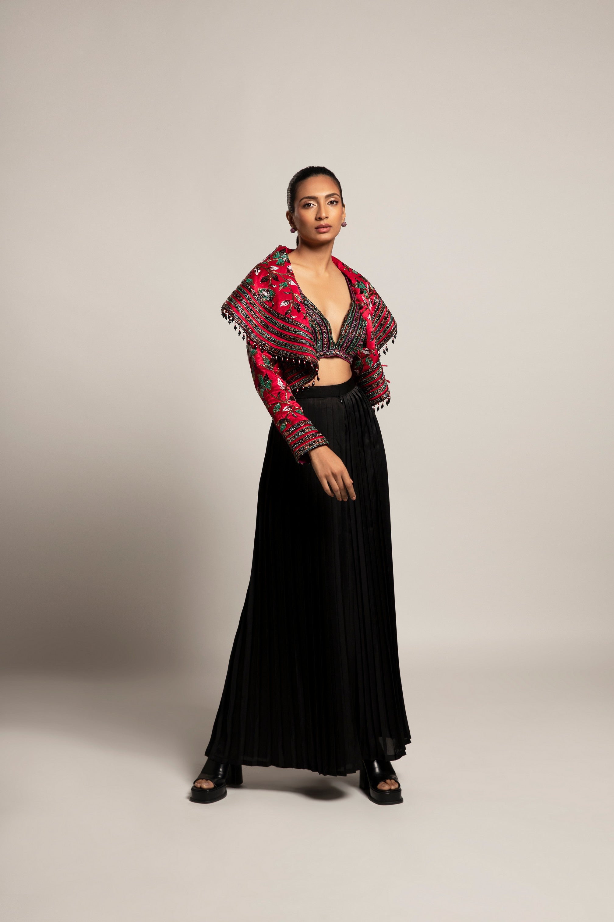 Unequaled Black bralet & Fuscia pink Cape jacket with Royal Black pleated pants
