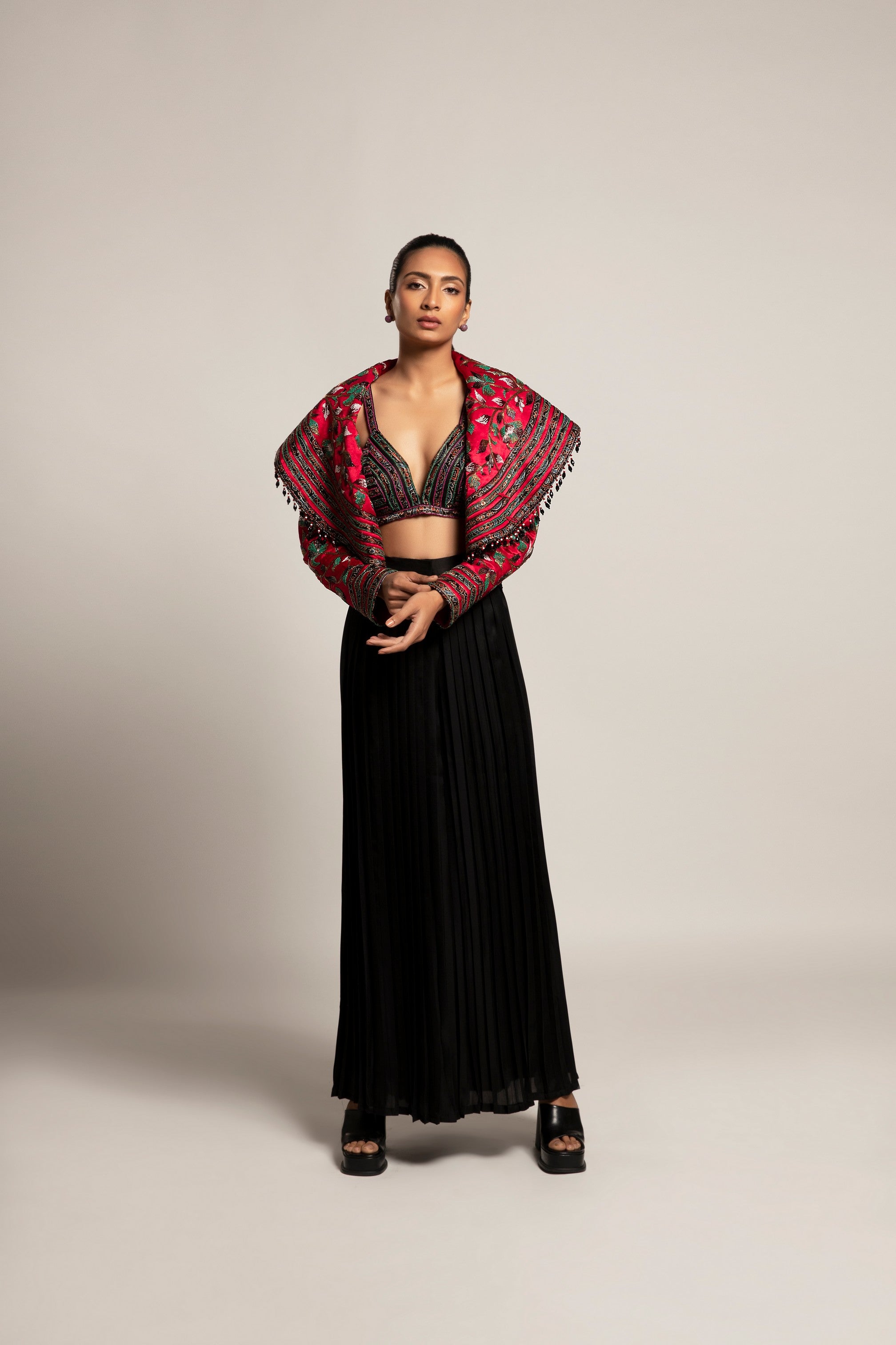 Unequaled Black bralet & Fuscia pink Cape jacket with Royal Black pleated pants