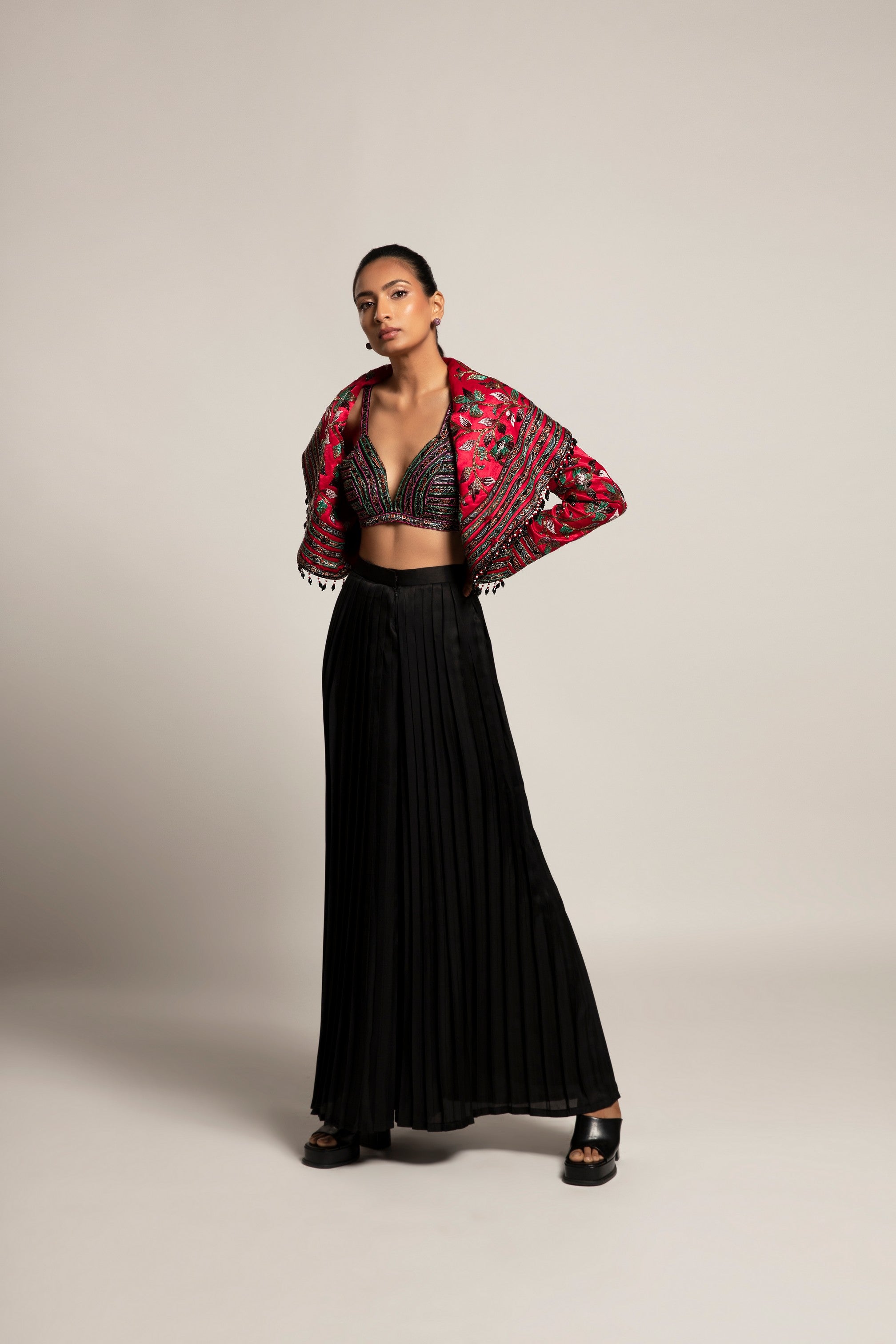 Unequaled Black bralet & Fuscia pink Cape jacket with Royal Black pleated pants