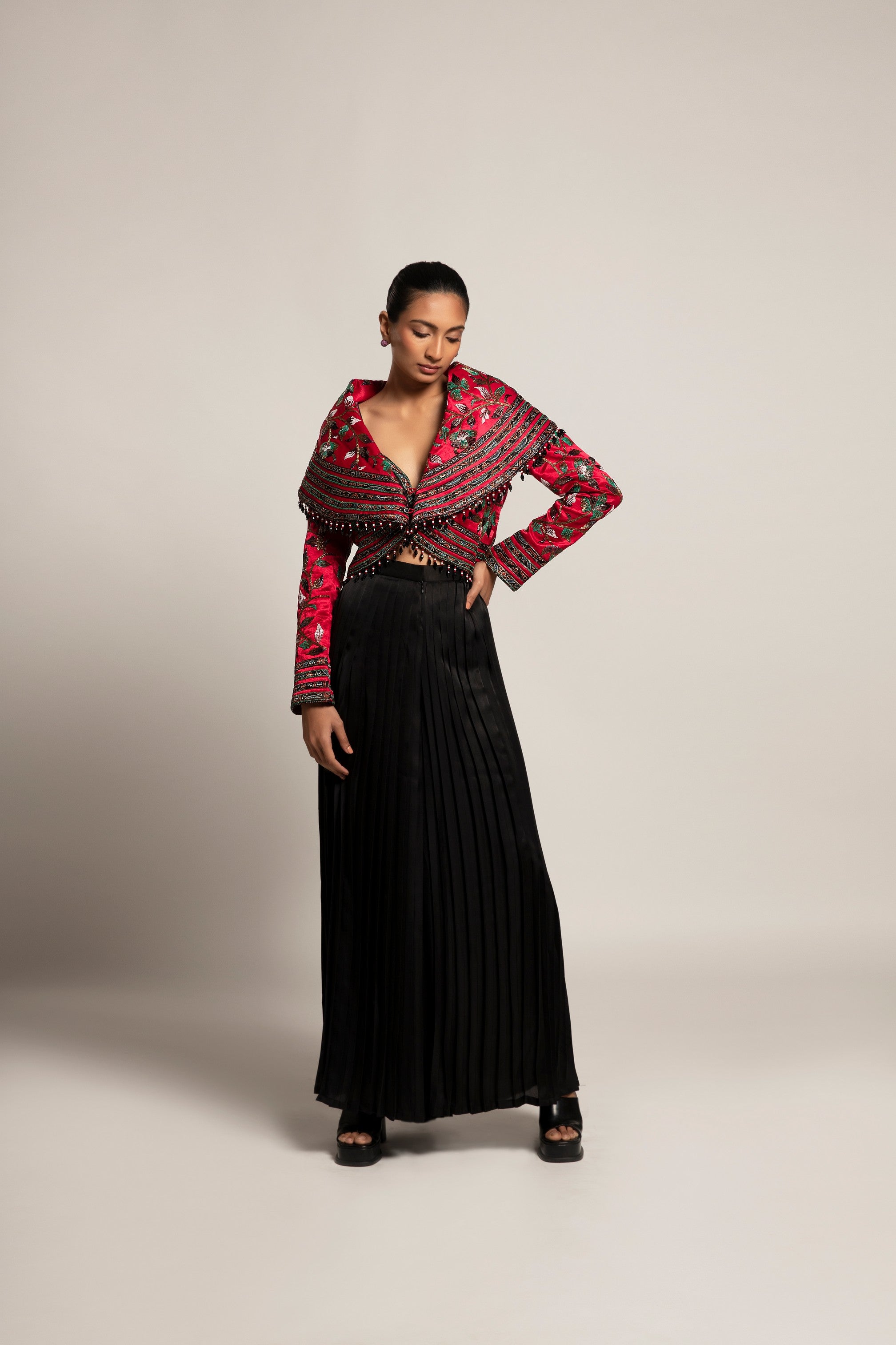 Unequaled Black bralet & Fuscia pink Cape jacket with Royal Black pleated pants