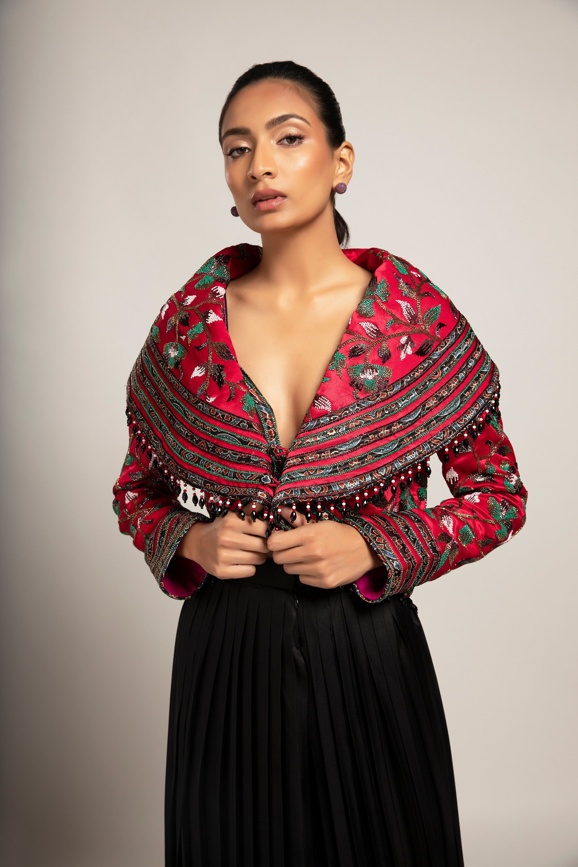 Unequaled Black bralet & Fuscia pink Cape jacket with Royal Black pleated pants