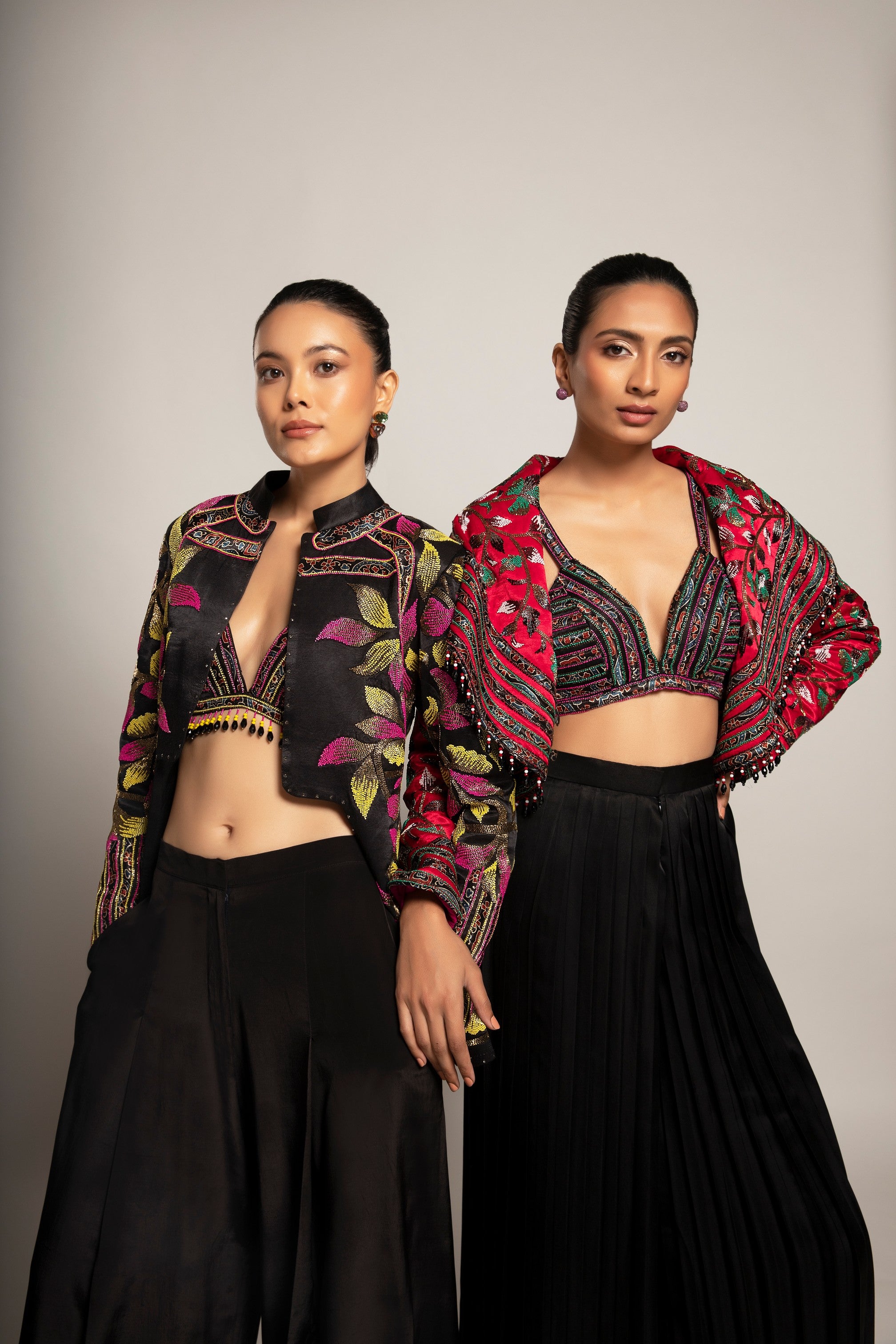 Unequaled Black bralet & Fuscia pink Cape jacket with Royal Black pleated pants