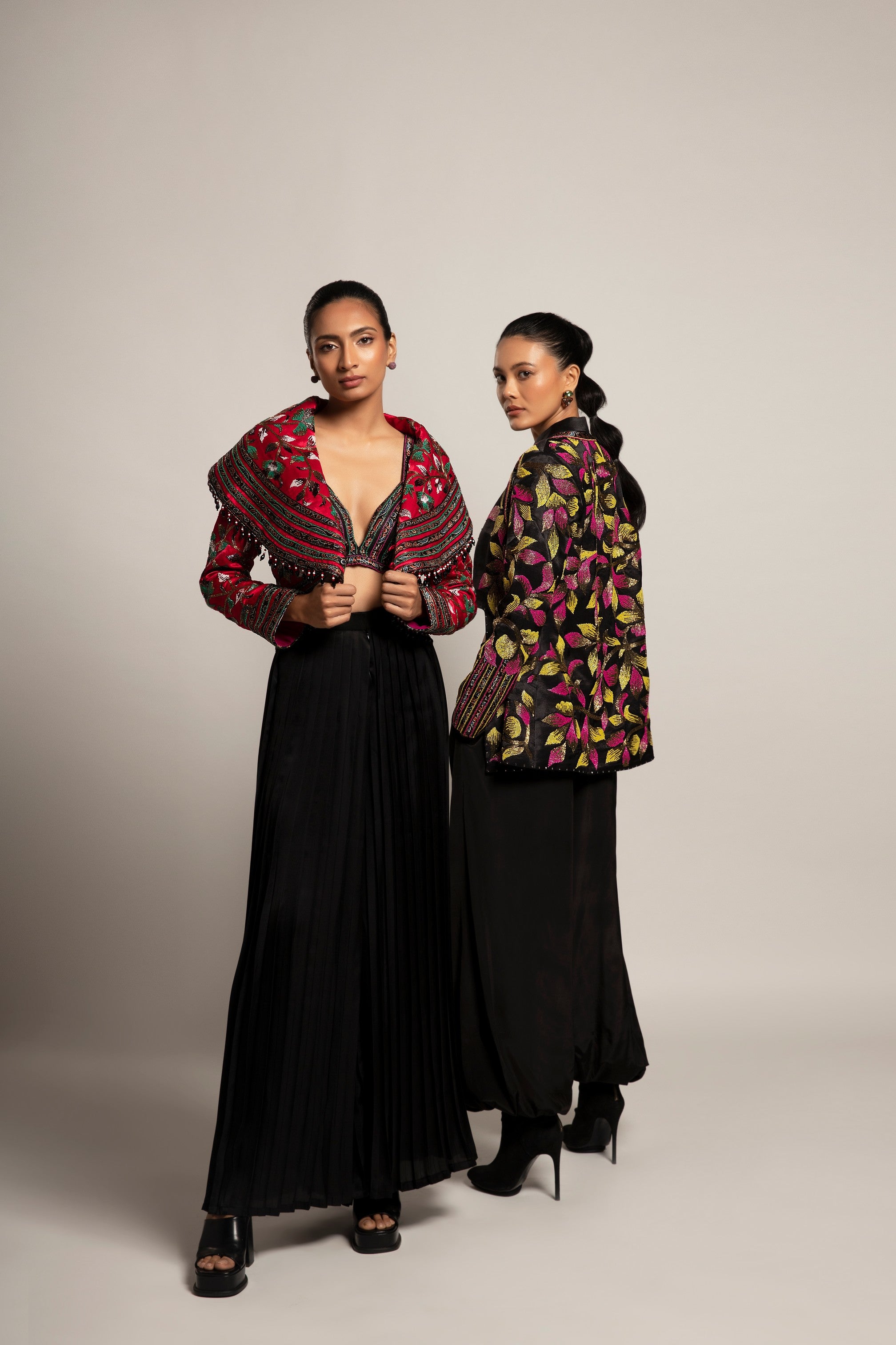 Unequaled Black bralet & Fuscia pink Cape jacket with Royal Black pleated pants