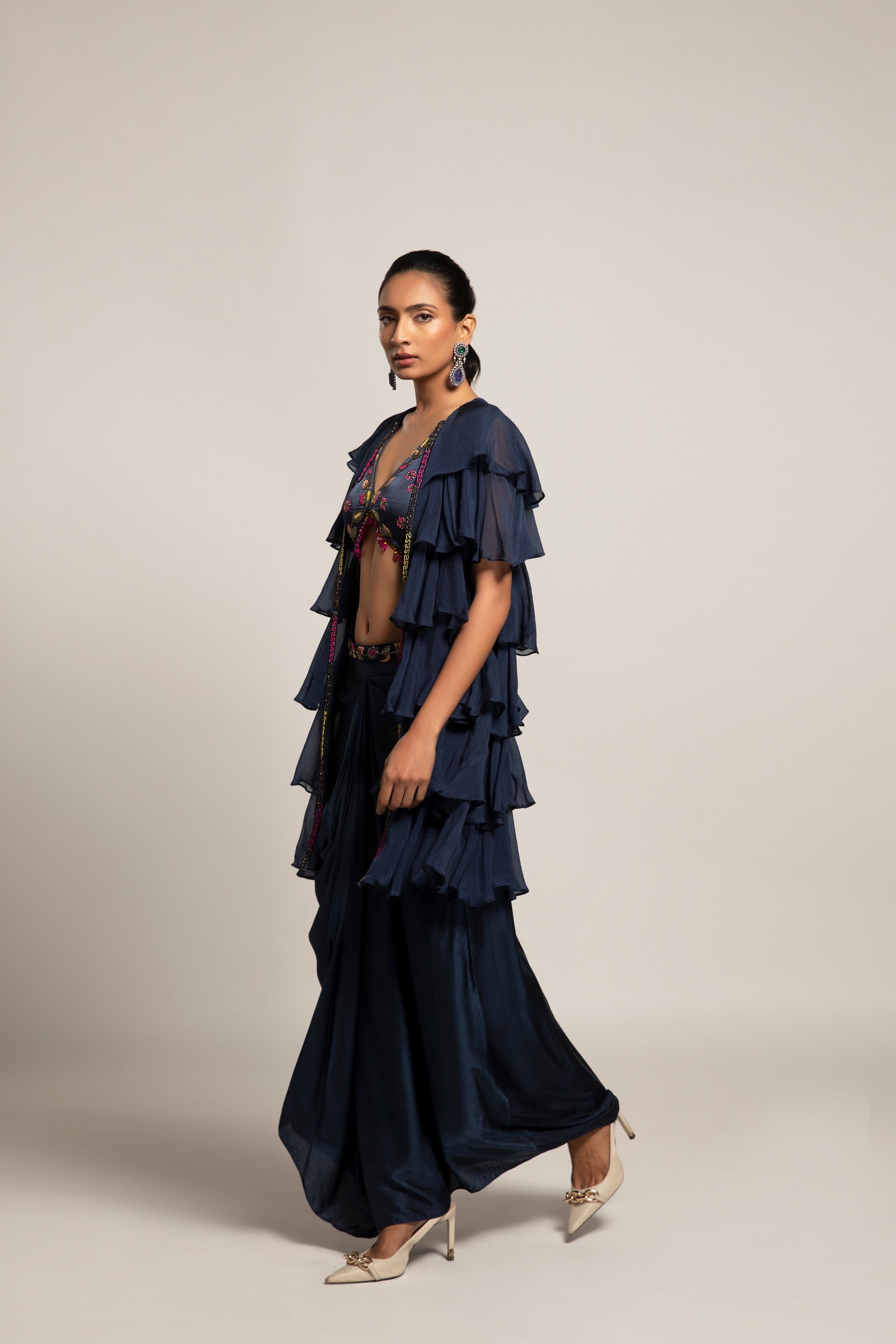 Ravishing Navy blue blouse and drape skirt with fine layered organza jacket