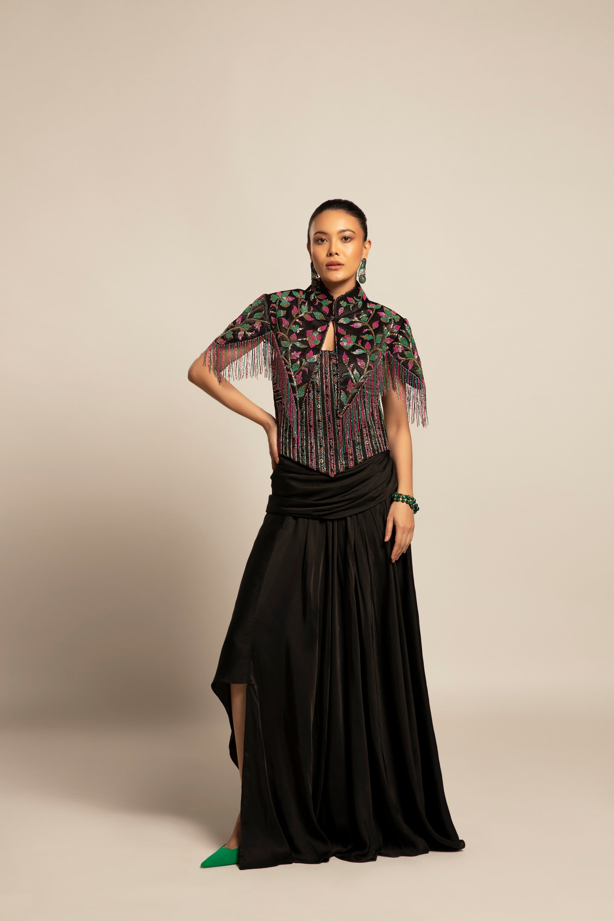 Glided black Corset with drape skirt and capelet jacket