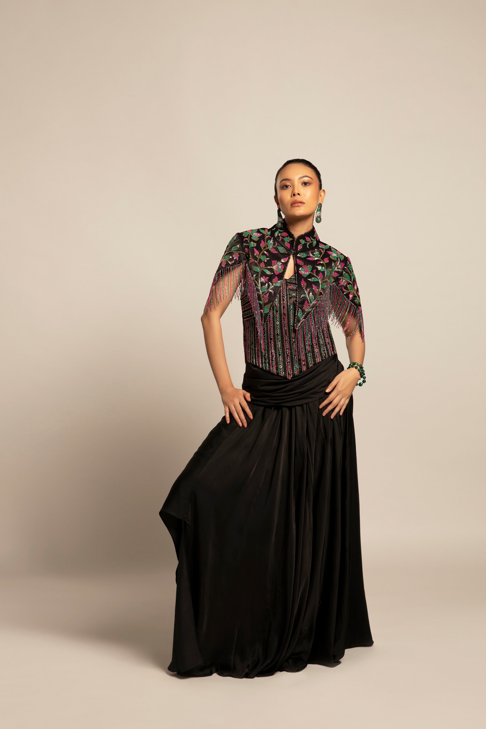 Glided black Corset with drape skirt and capelet jacket