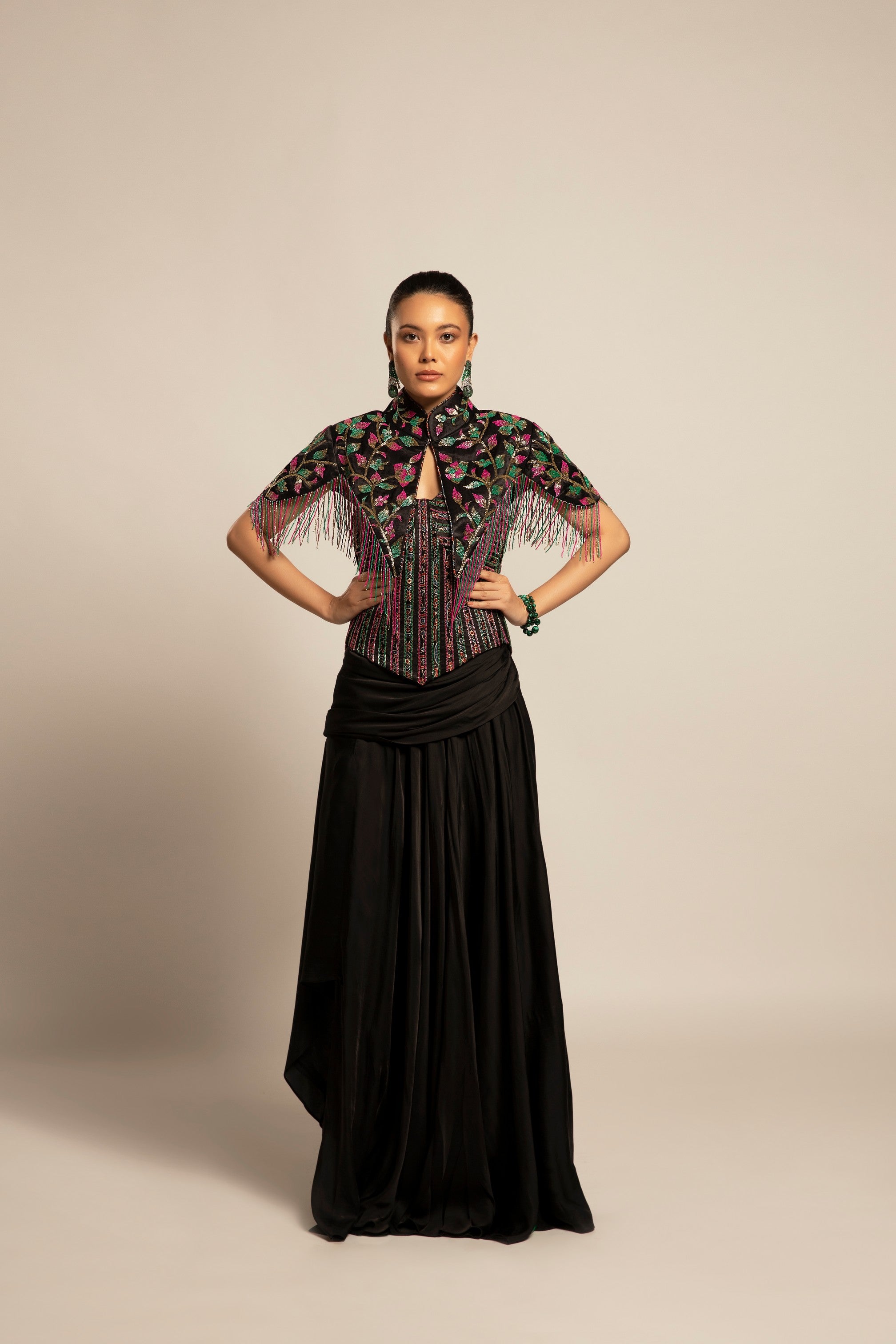 Glided black Corset with drape skirt and capelet jacket