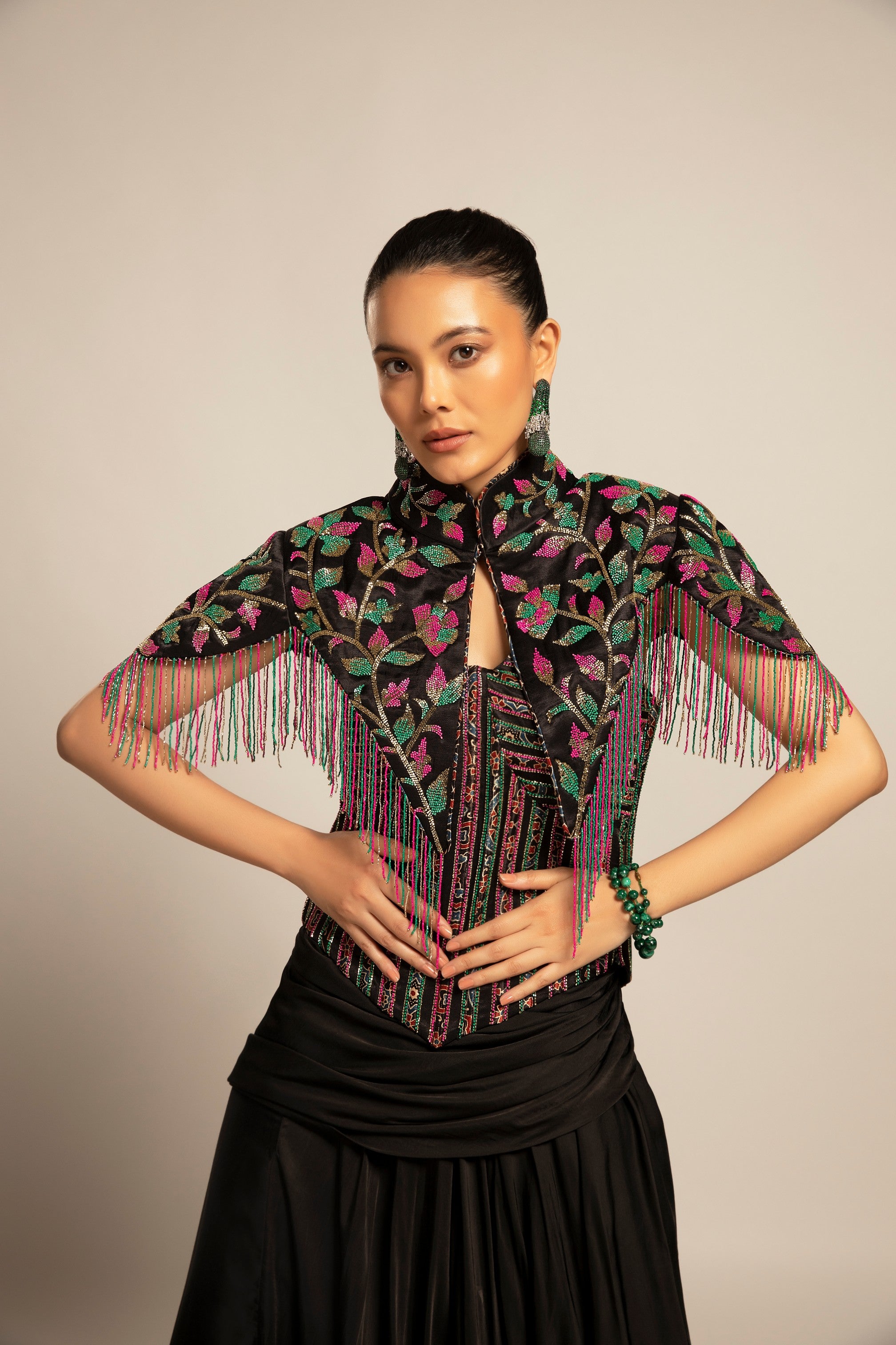 Glided black Corset with drape skirt and capelet jacket