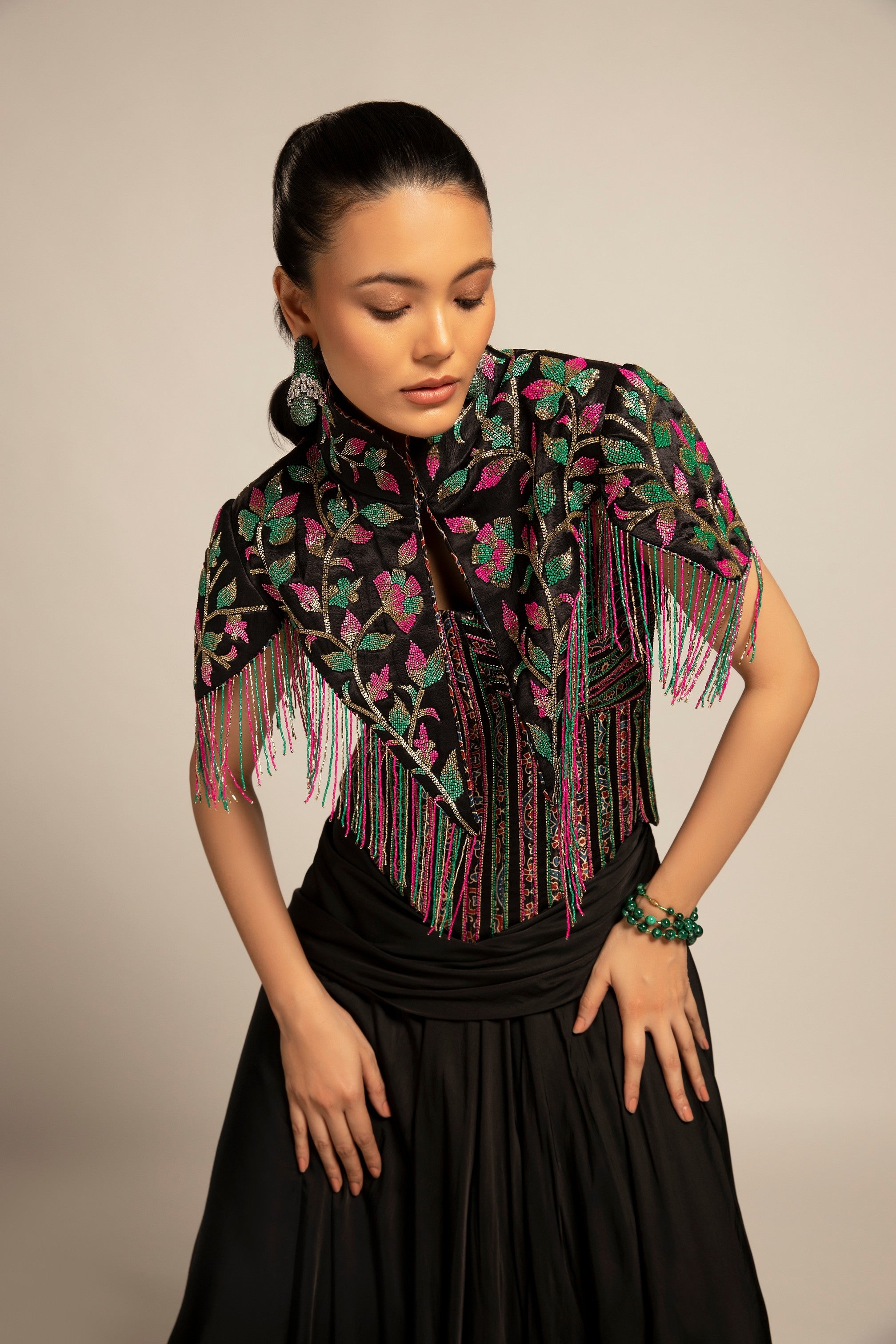 Glided black Corset with drape skirt and capelet jacket