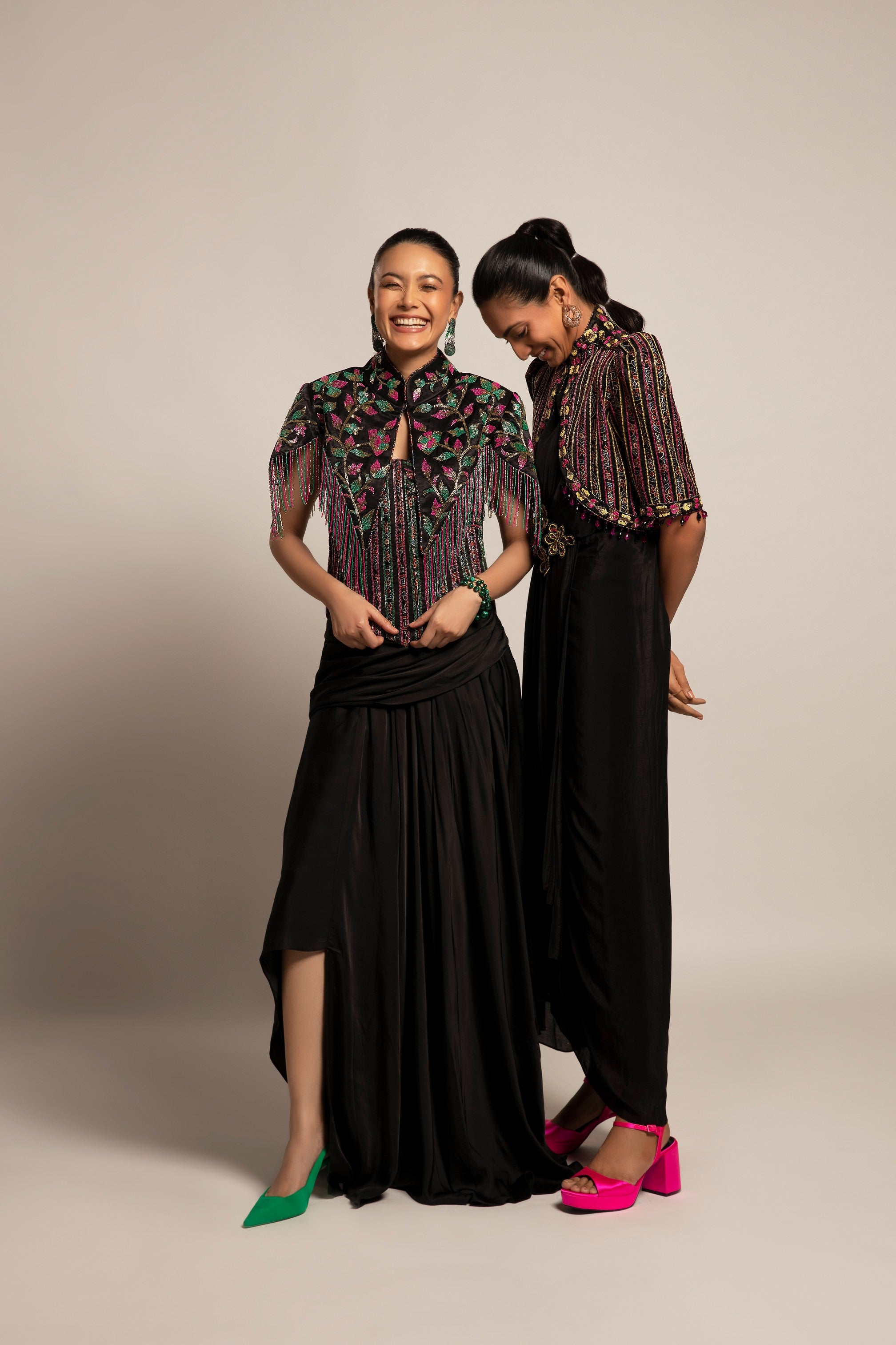 Glided black Corset with drape skirt and capelet jacket