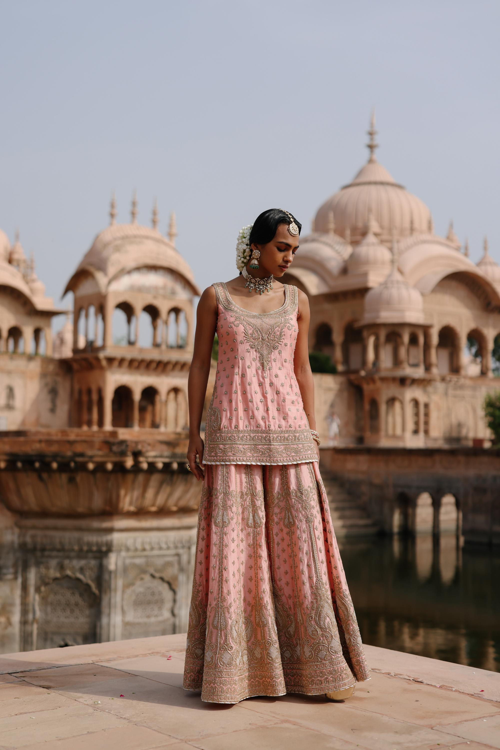 Tasnim - Pink Kurta Set with Sharara & Dupatta