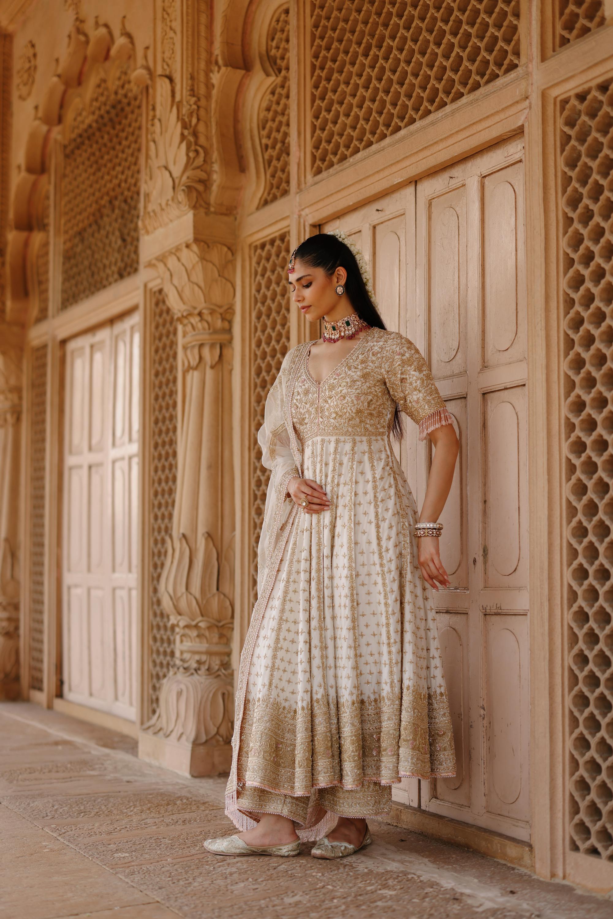 Nafees - Daisy Ivory Kalidaar Anarkali Set with Palazzo & Dupatta