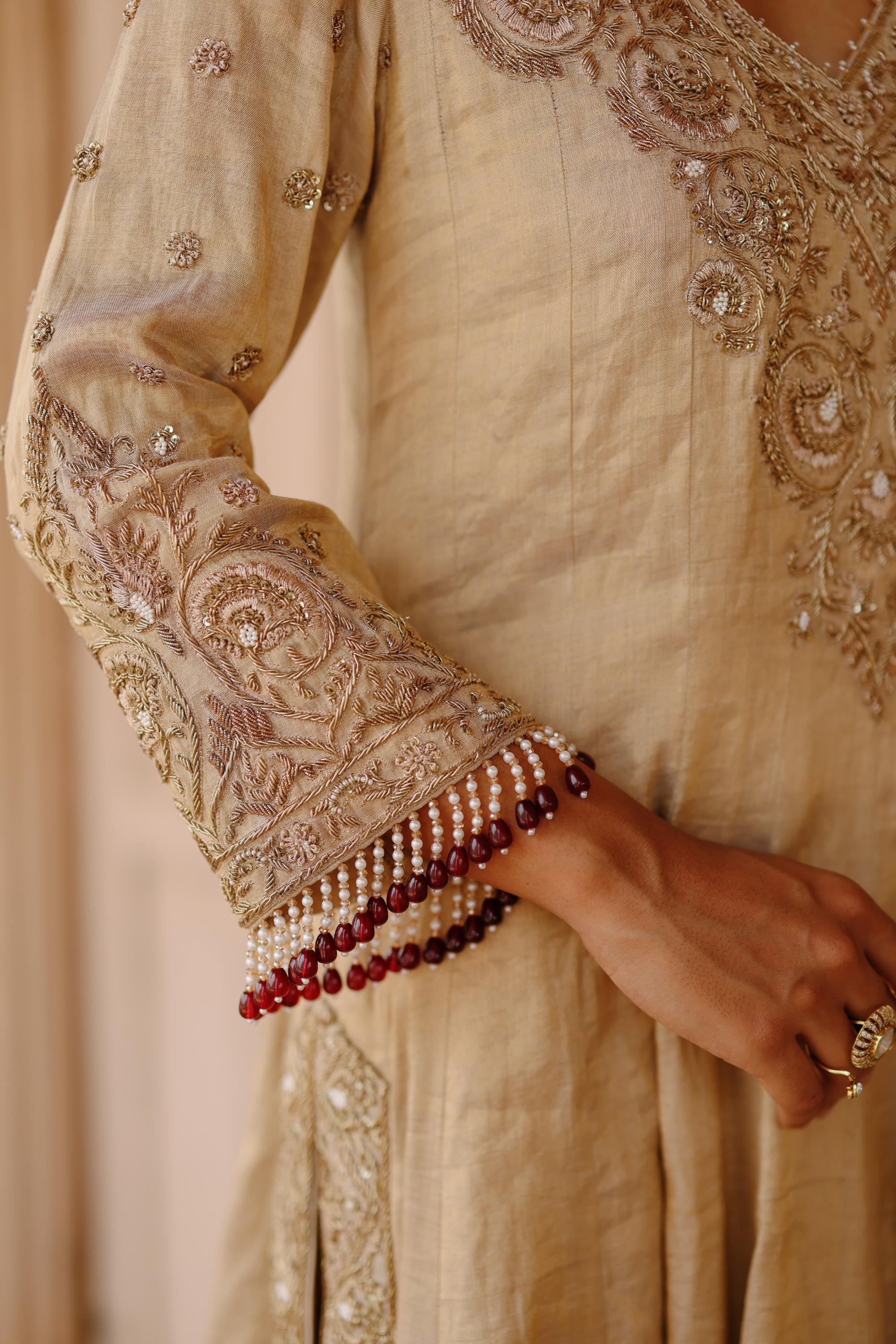 Rooh – Gold Tissue Long Kalidaar Anarkali Set with Palazzo & Dupatta