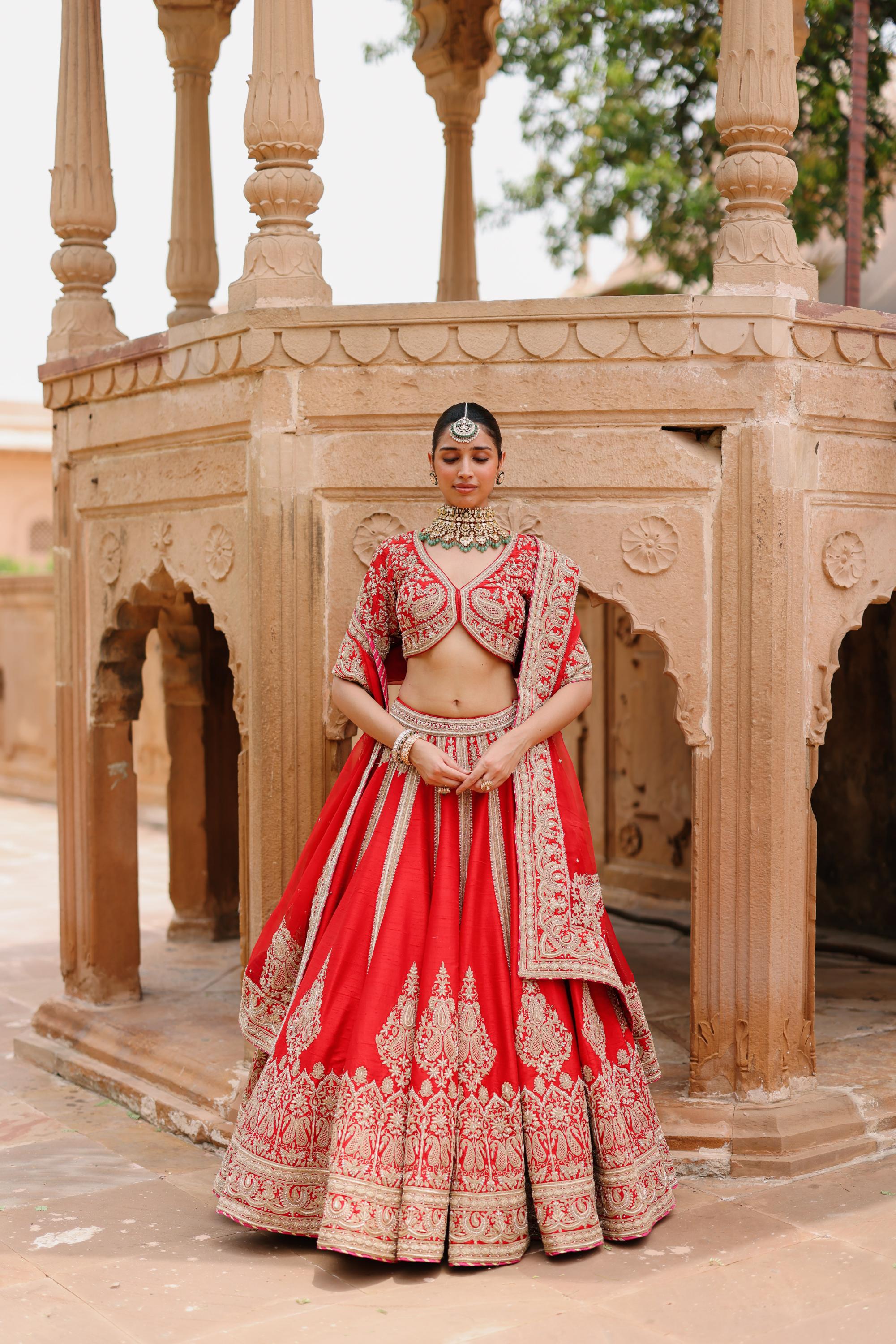 Mahroz - Deep Red Lehenga Set with Blouse & Dupatta