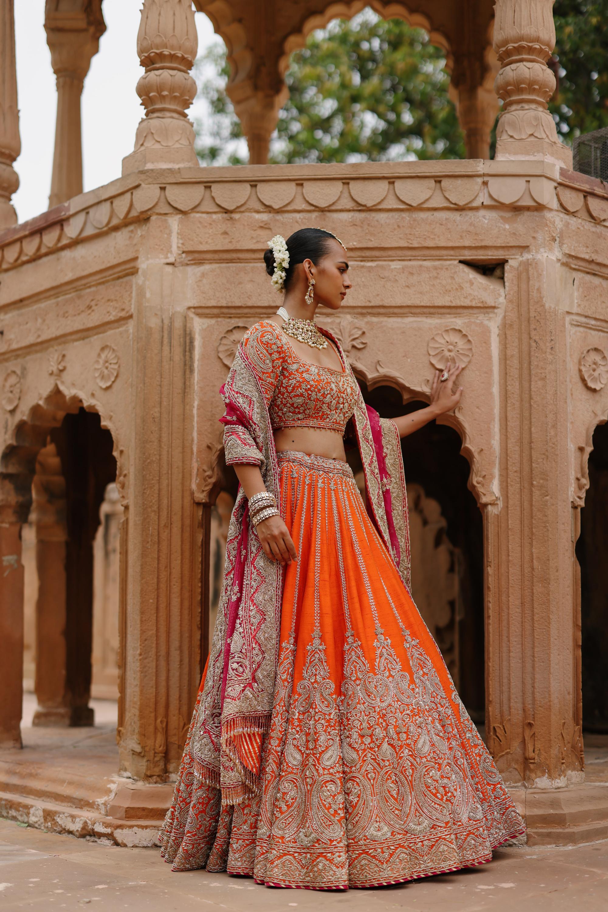Nagma - Orange Lehenga Set with Blouse & Hot Pink Dupatta