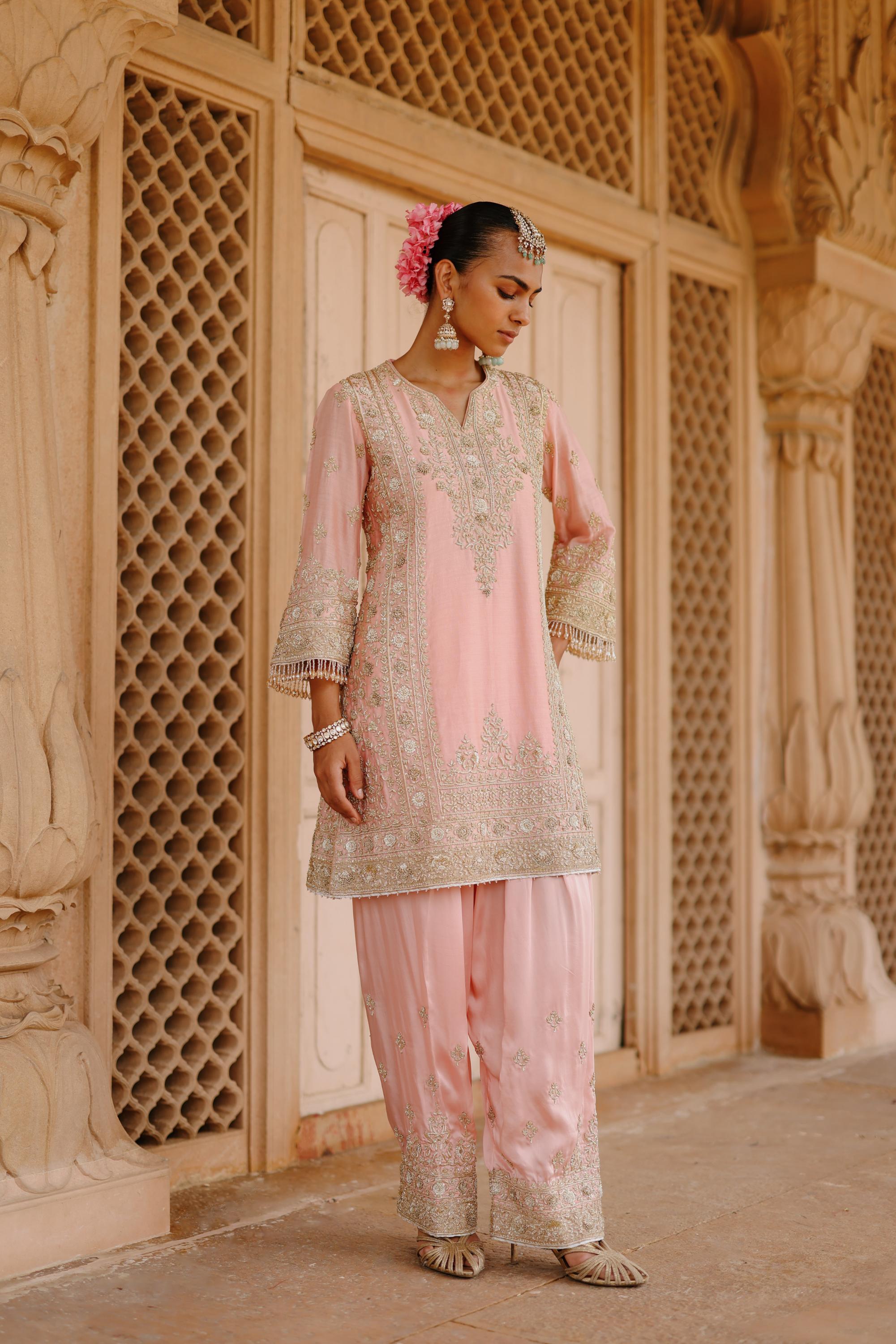 Elaya - Pink Short Kurta Set with Matching Salwar & Dupatta